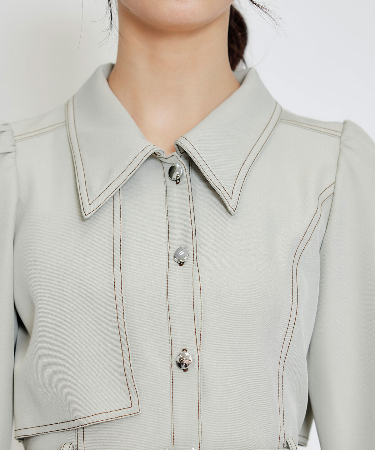 バイカラーステッチフレアミニシャツワンピース