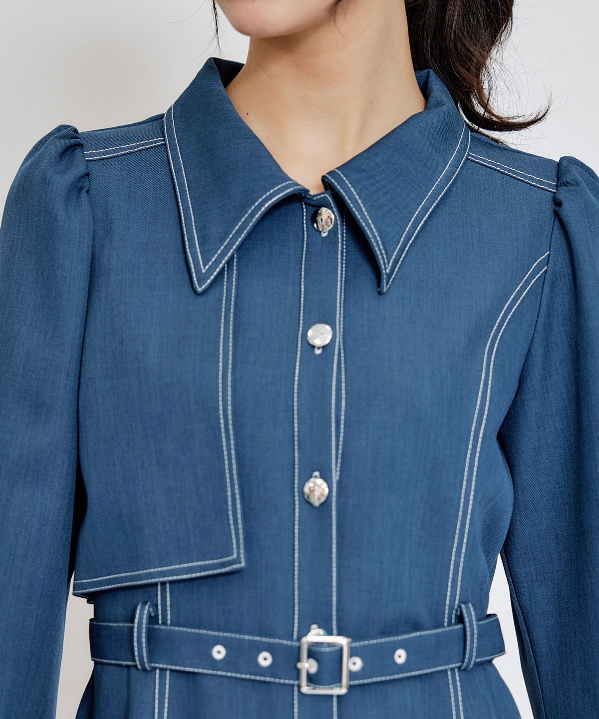 バイカラーステッチフレアミニシャツワンピース