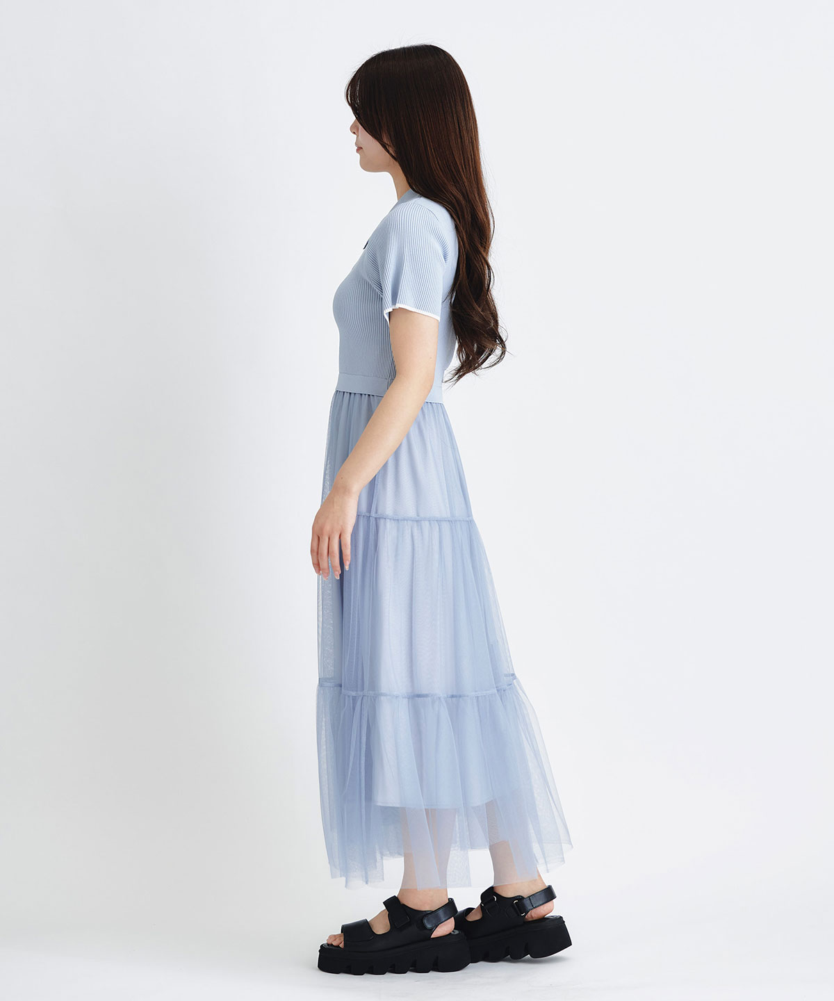 ポロニットチュールティアードドッキングロングワンピース