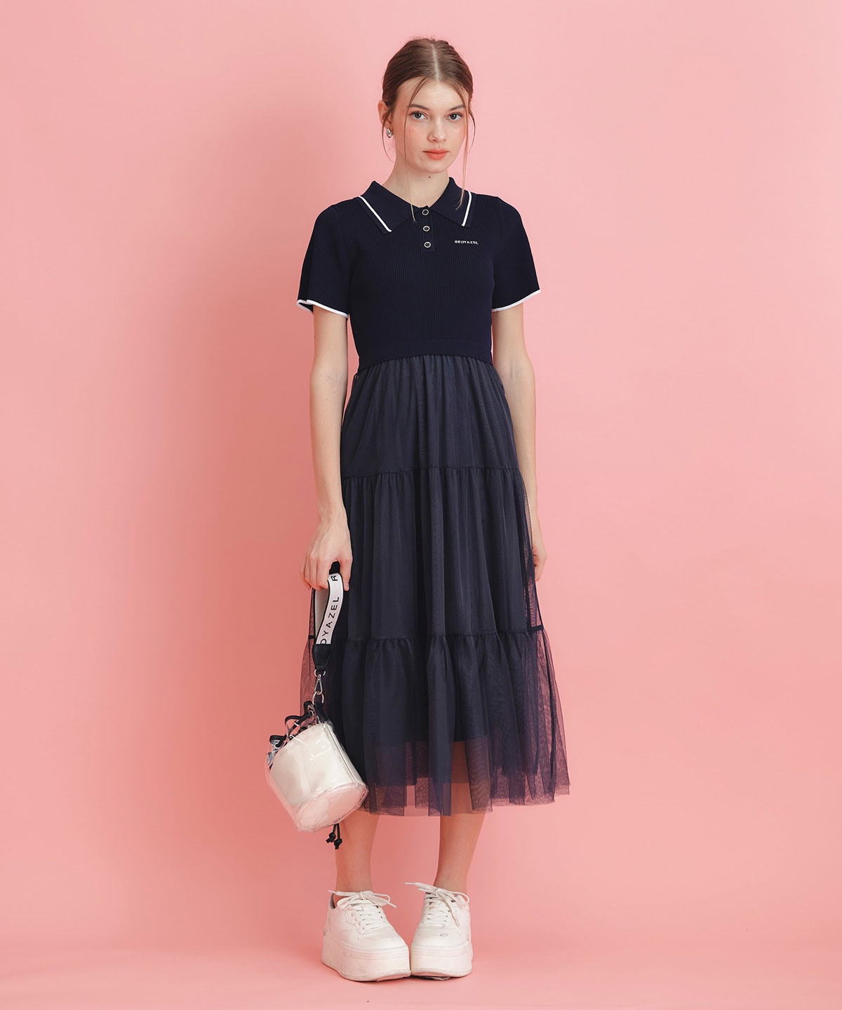 ポロニットチュールティアードドッキングロングワンピース