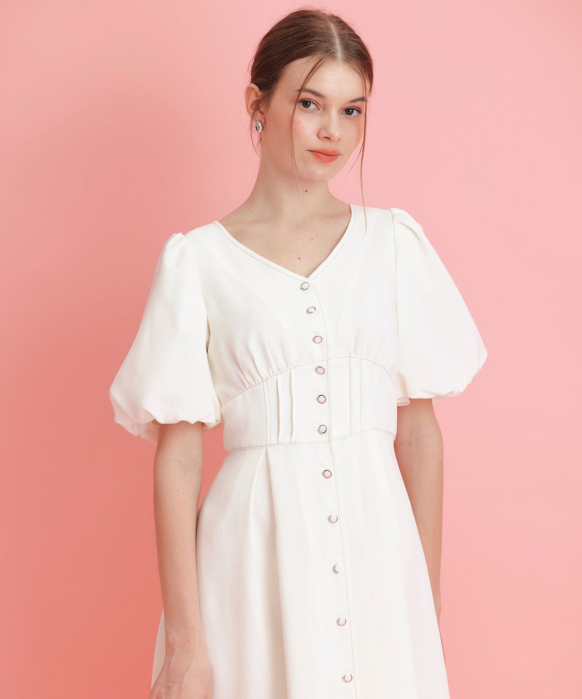 コルセットバルーンスリーブフレアロングワンピース