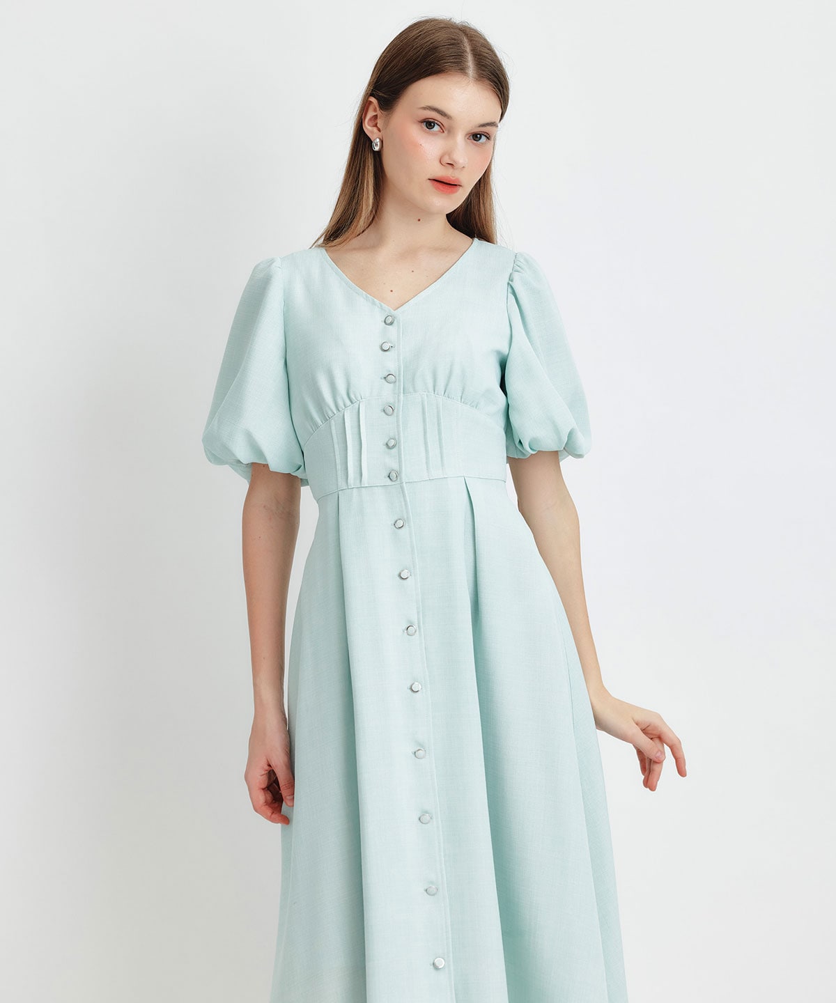 コルセットバルーンスリーブフレアロングワンピース