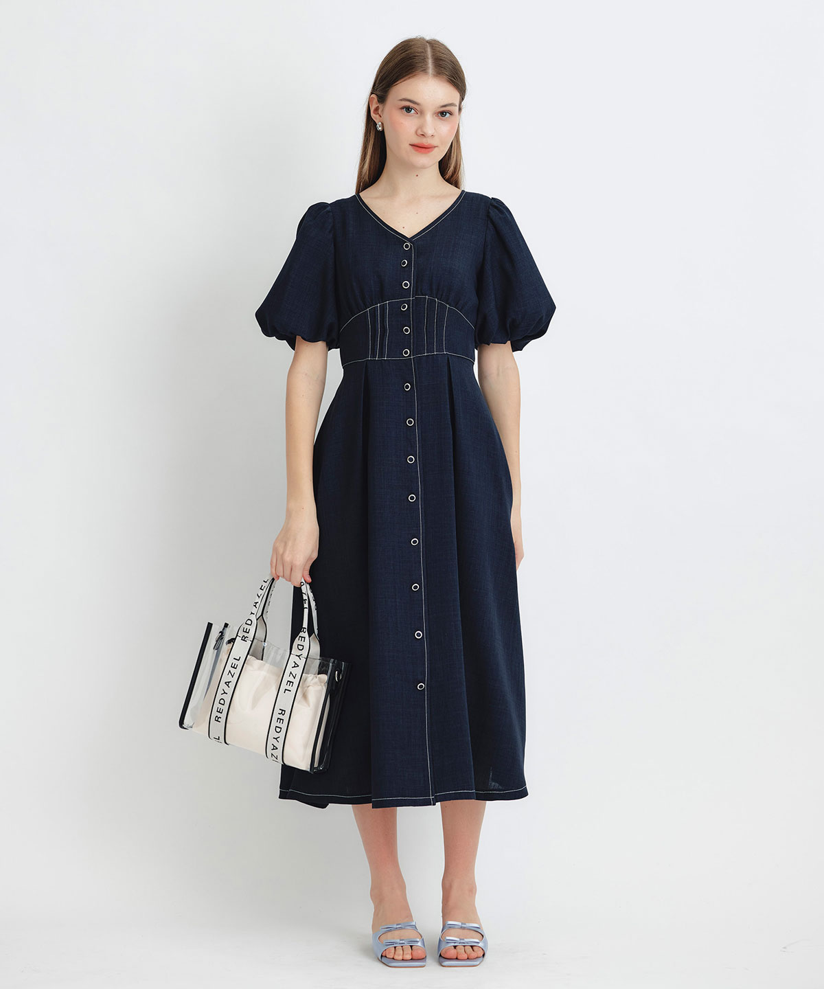 コルセットバルーンスリーブフレアロングワンピース