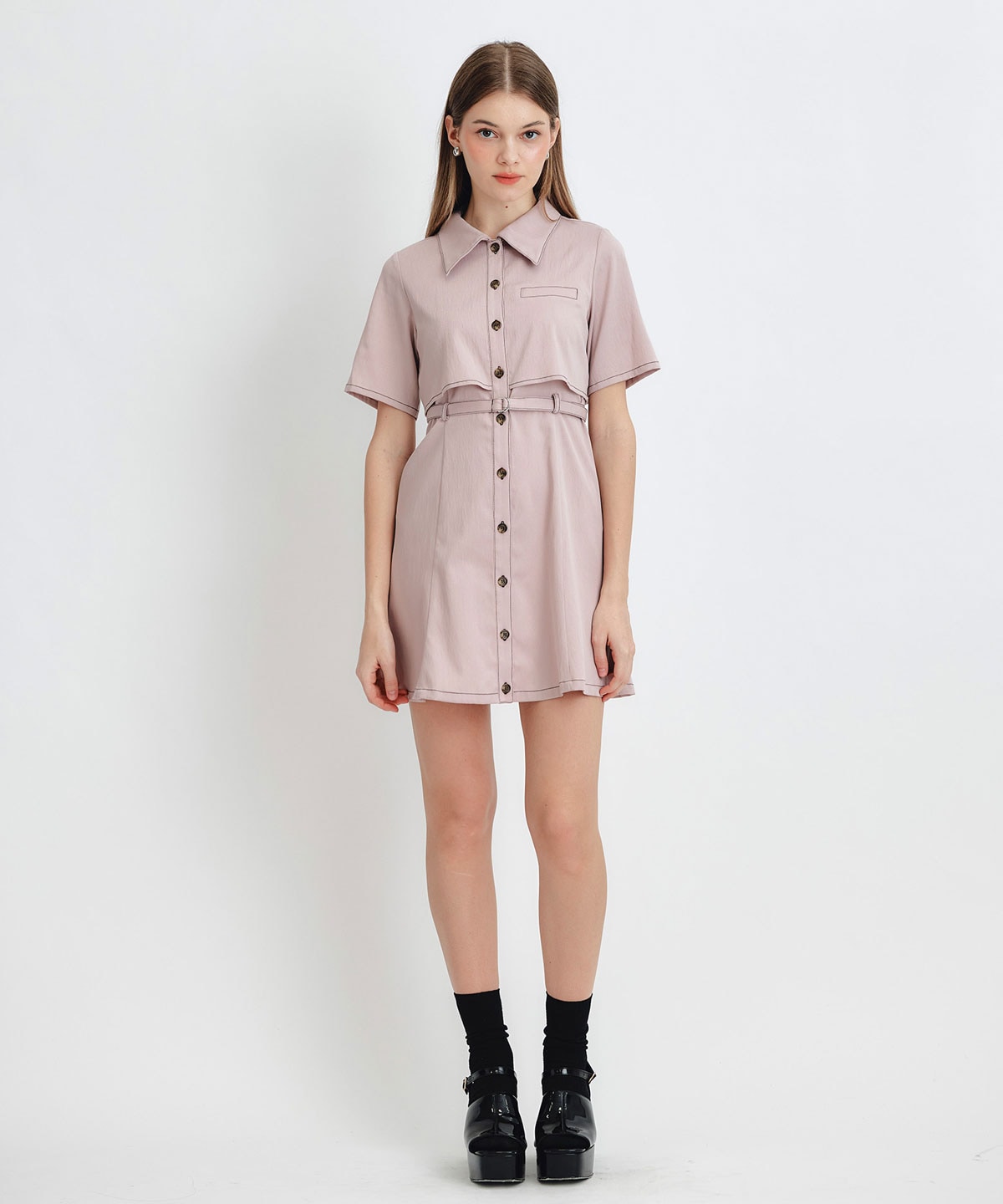 レイヤードライクコントラストフレアミニワンピース