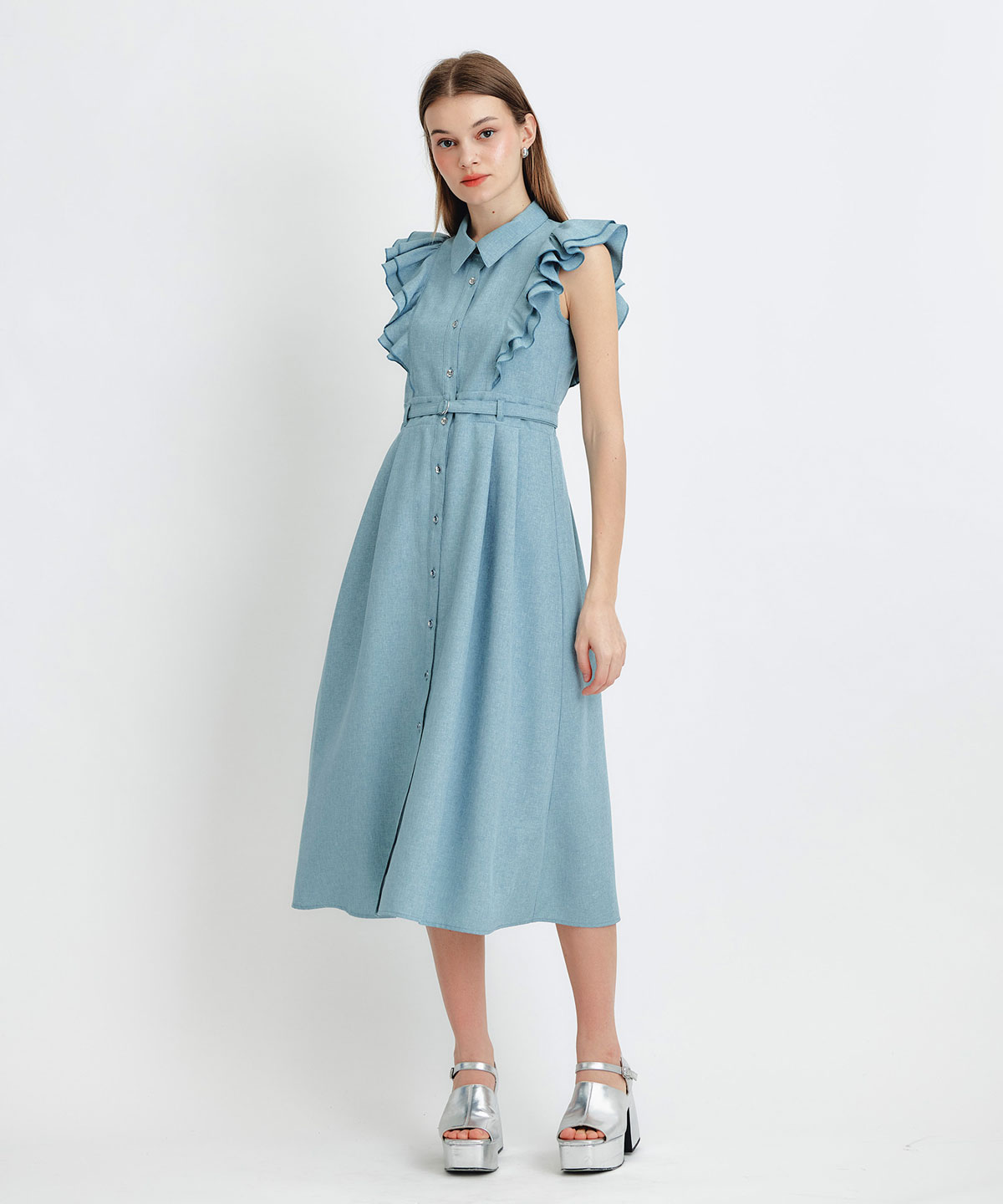 フリルシャツフレアロングワンピース