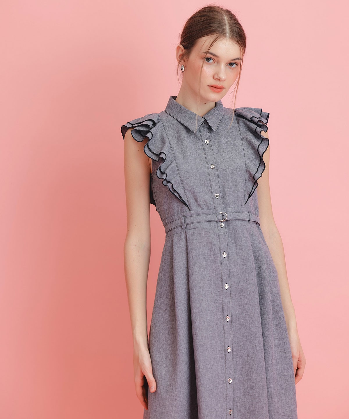 フリルシャツフレアロングワンピース