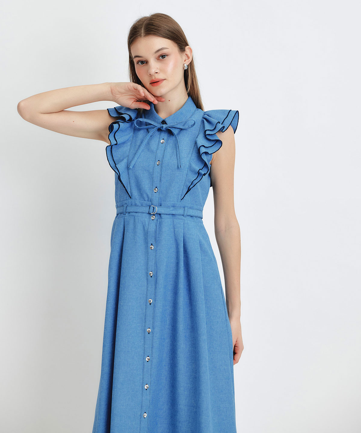 フリルシャツフレアロングワンピース