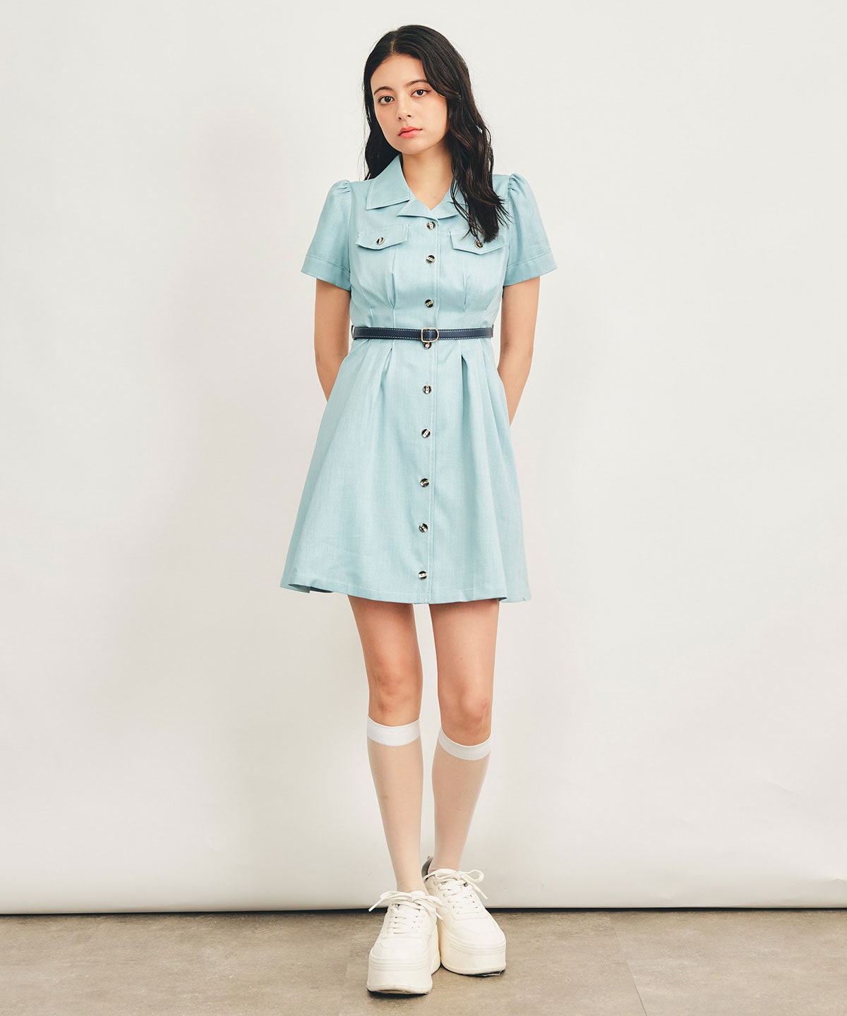 ベルトミニシャツフレアワンピース