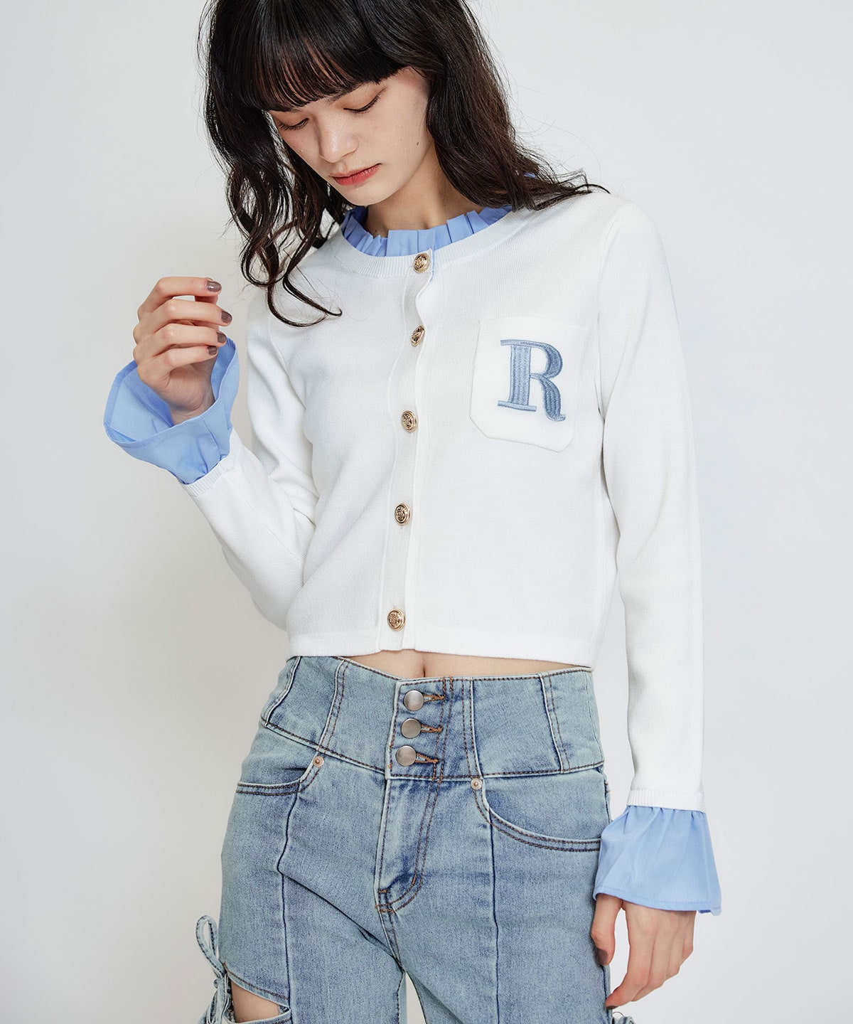 Rフリルレイヤードニットカーディガン