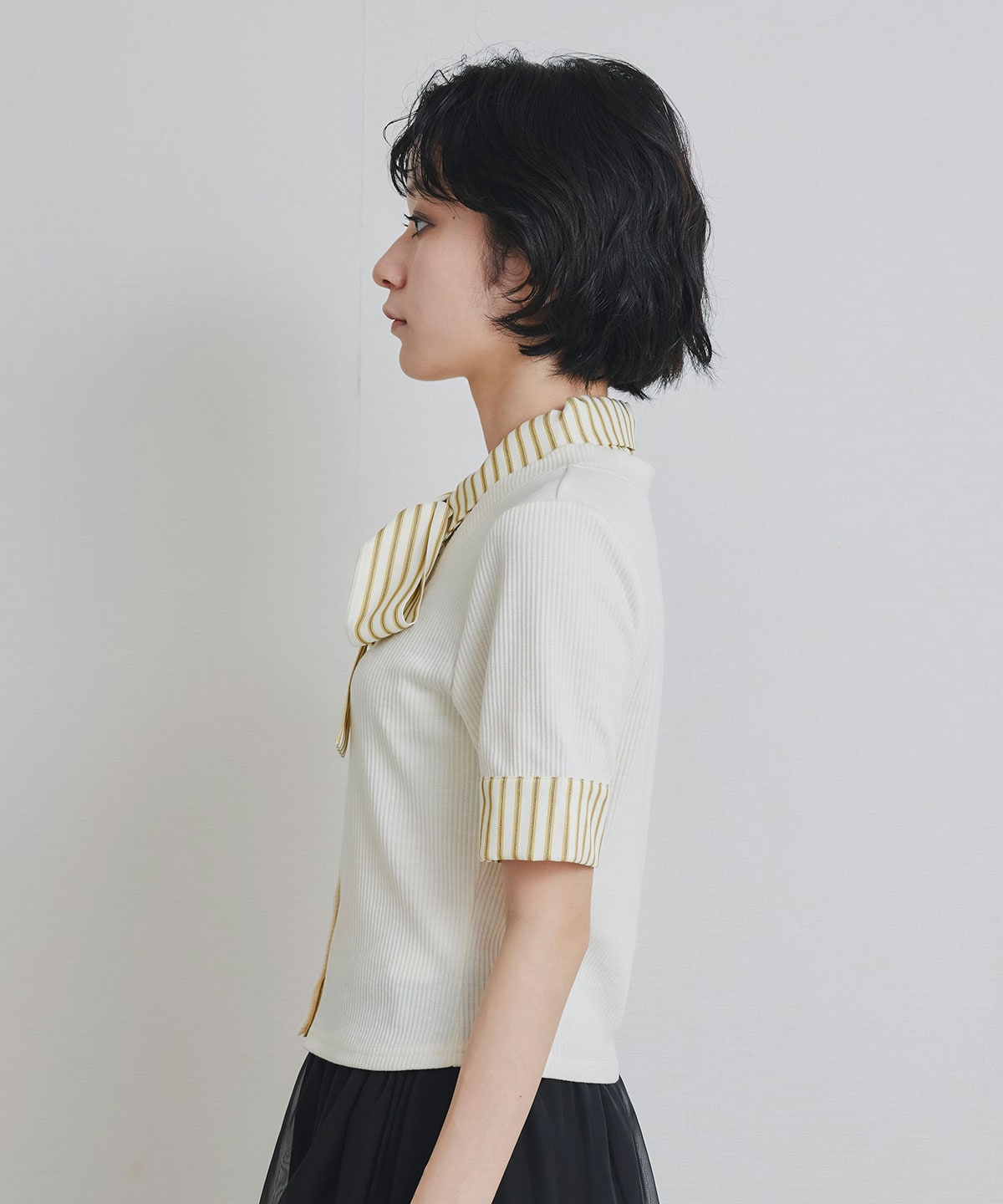 ストライプリボンタイレイヤードニットトップス
