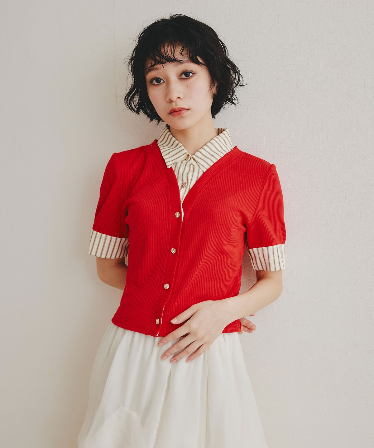 ストライプリボンタイレイヤードニットトップス