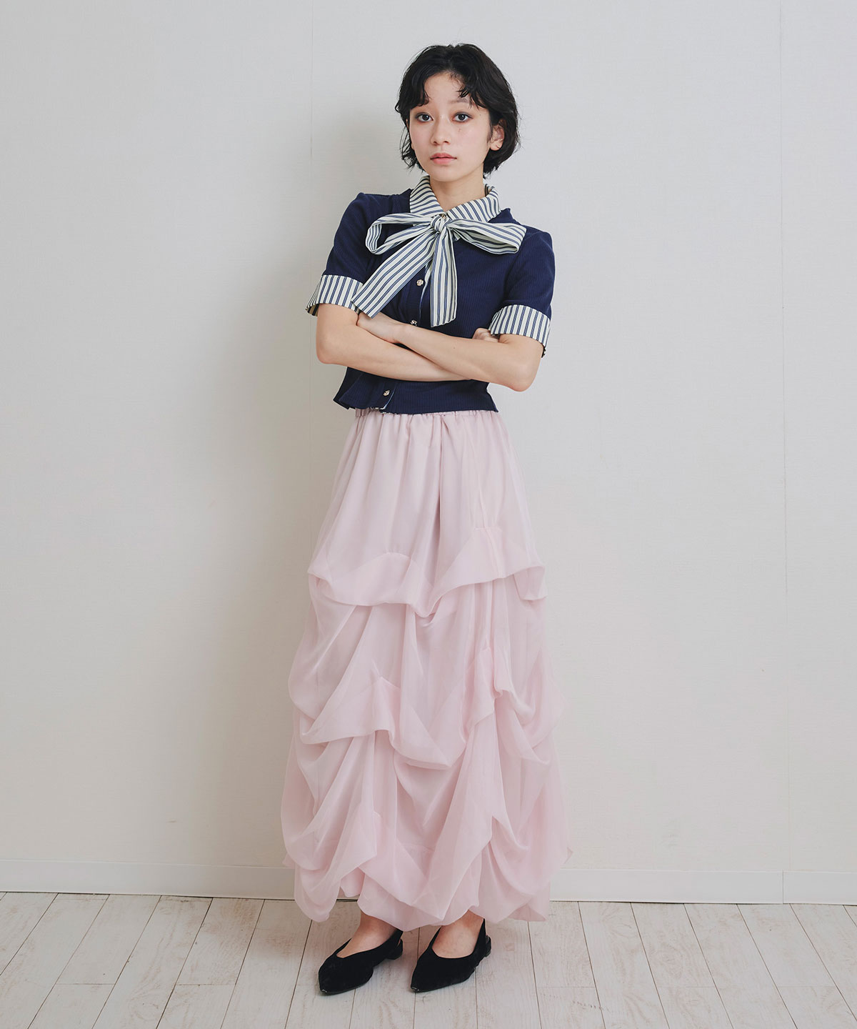 ストライプリボンタイレイヤードニットトップス