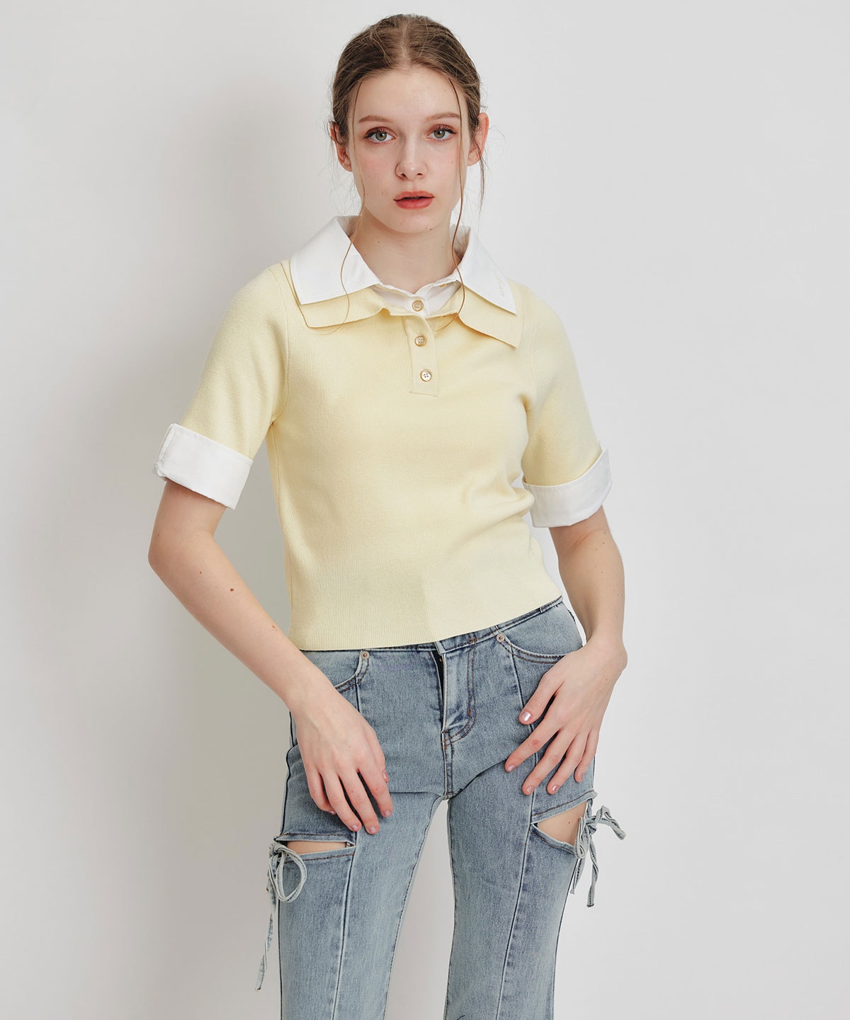 ダブルカラーハーフスリーブニットプルオーバー