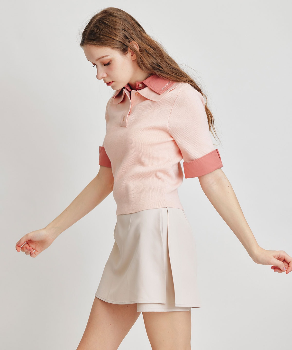 ダブルカラーハーフスリーブニットプルオーバー