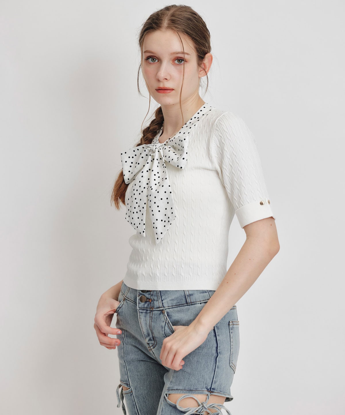 ケーブルリボンタイハーフスリーブニットプルオーバー