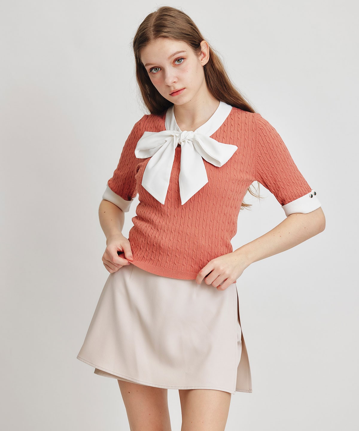 ケーブルリボンタイハーフスリーブニットプルオーバー