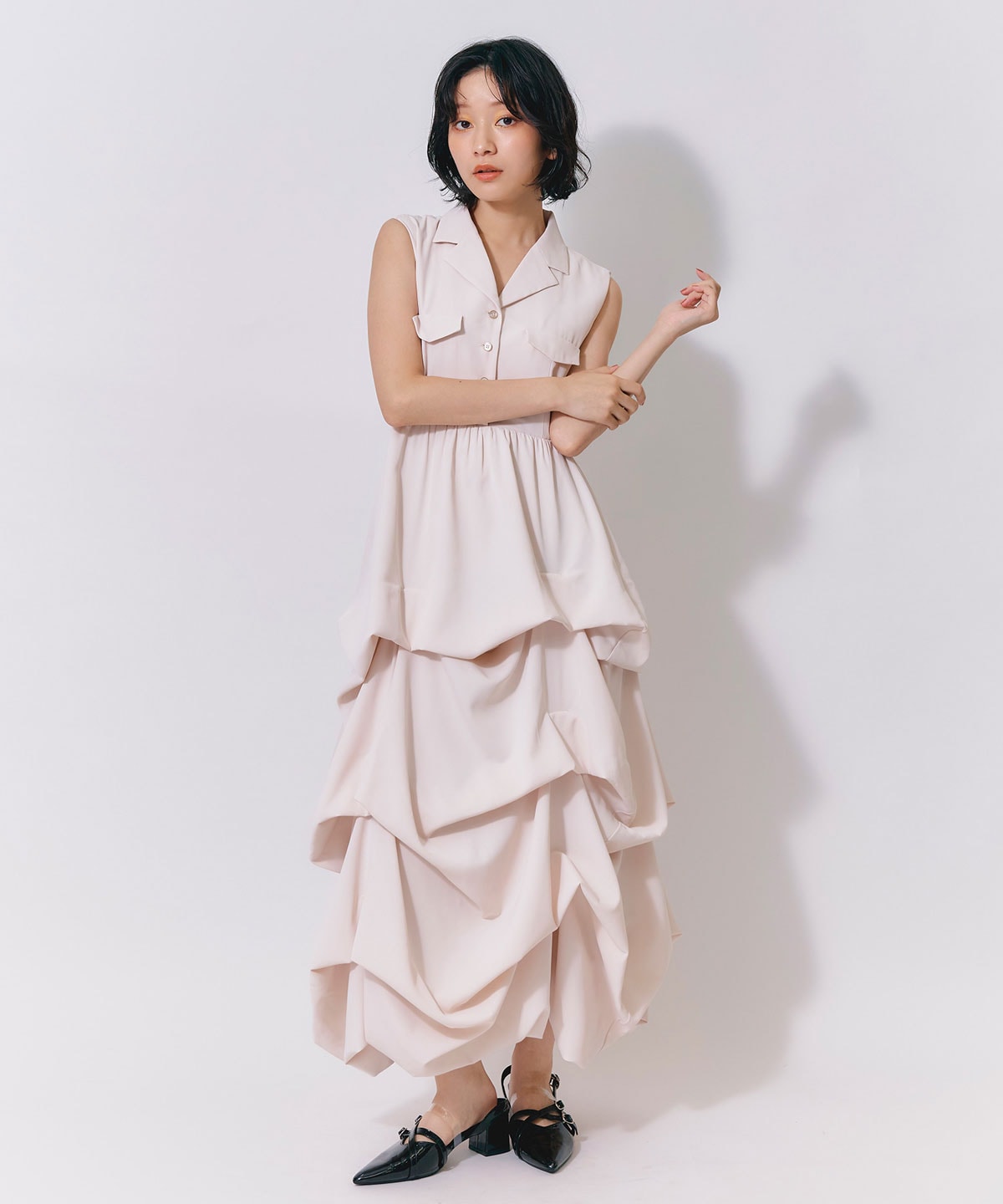 タックボリュームシャツロングワンピース