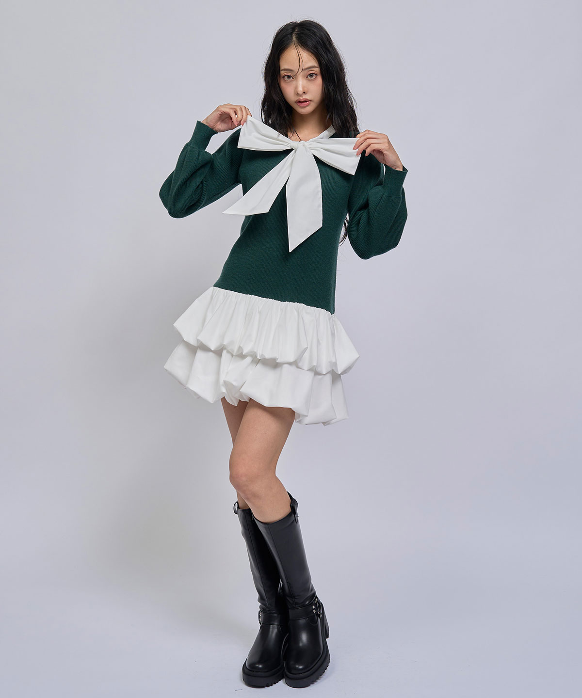 【=LOVE 大場花菜さん着用】ビッグリボンティアードニットシャツミニワンピース