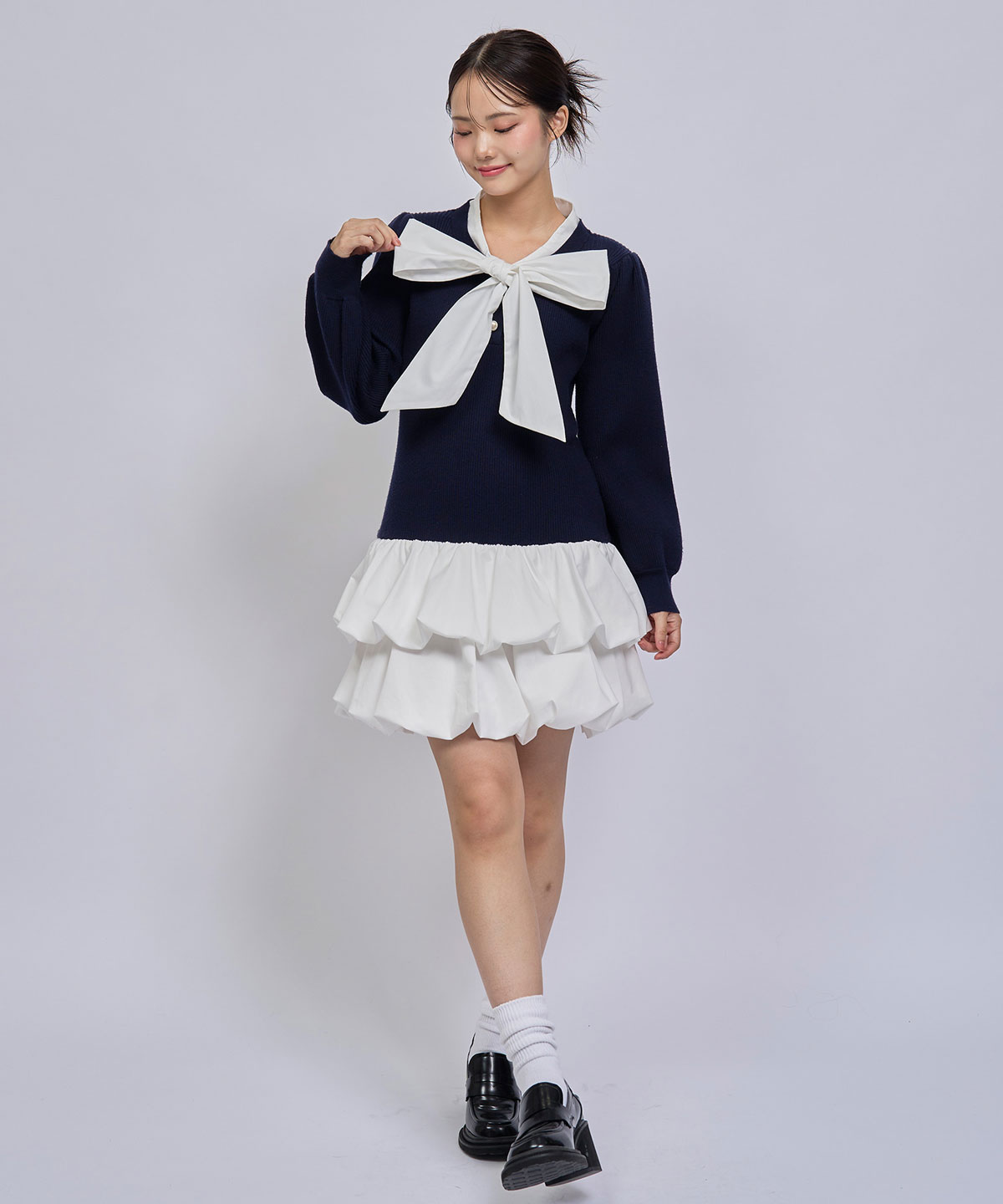 【=LOVE 大場花菜さん着用】ビッグリボンティアードニットシャツミニワンピース