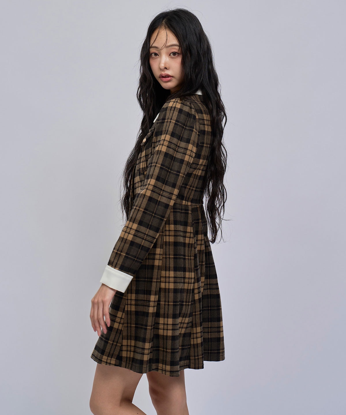 エンブレムボタンチェックミニシャツフレアワンピース