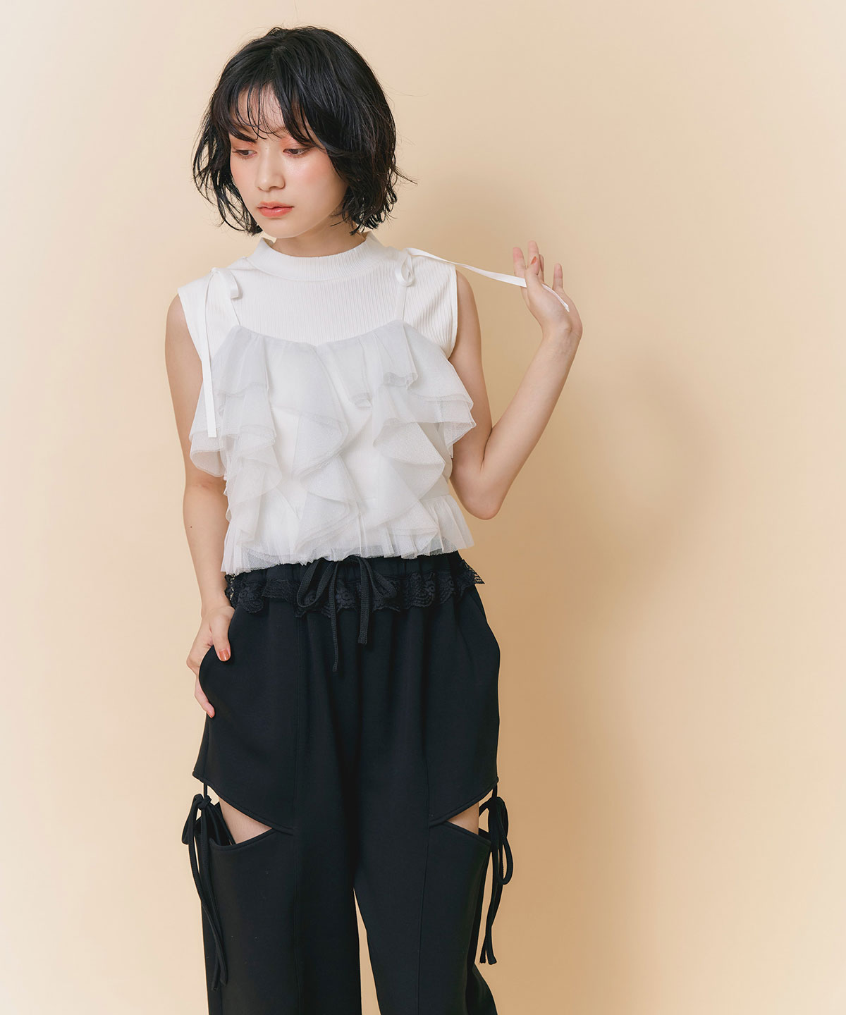 ショルダーリボンビスチェ×ノースリーブニット