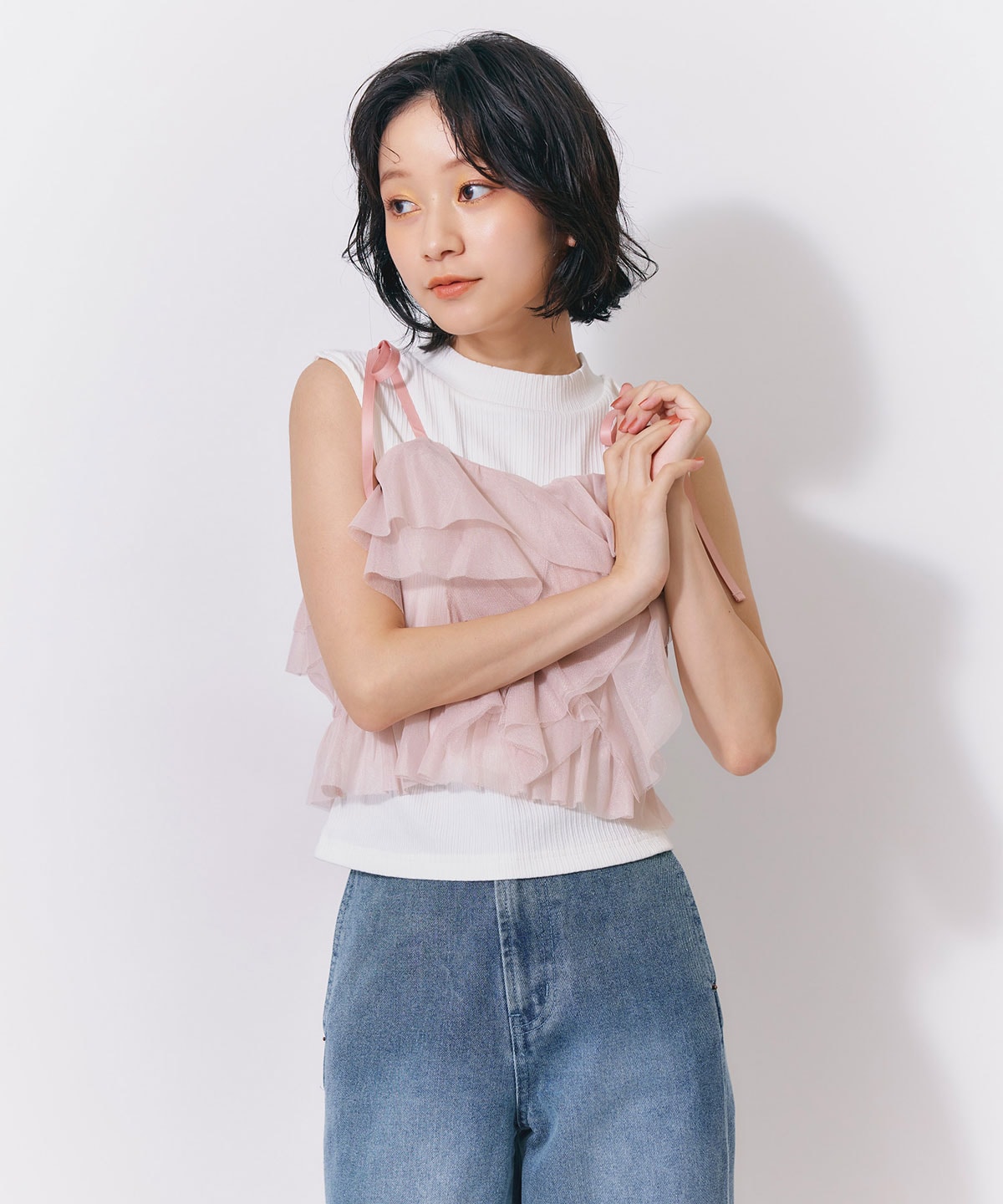 ショルダーリボンビスチェ×ノースリーブニット