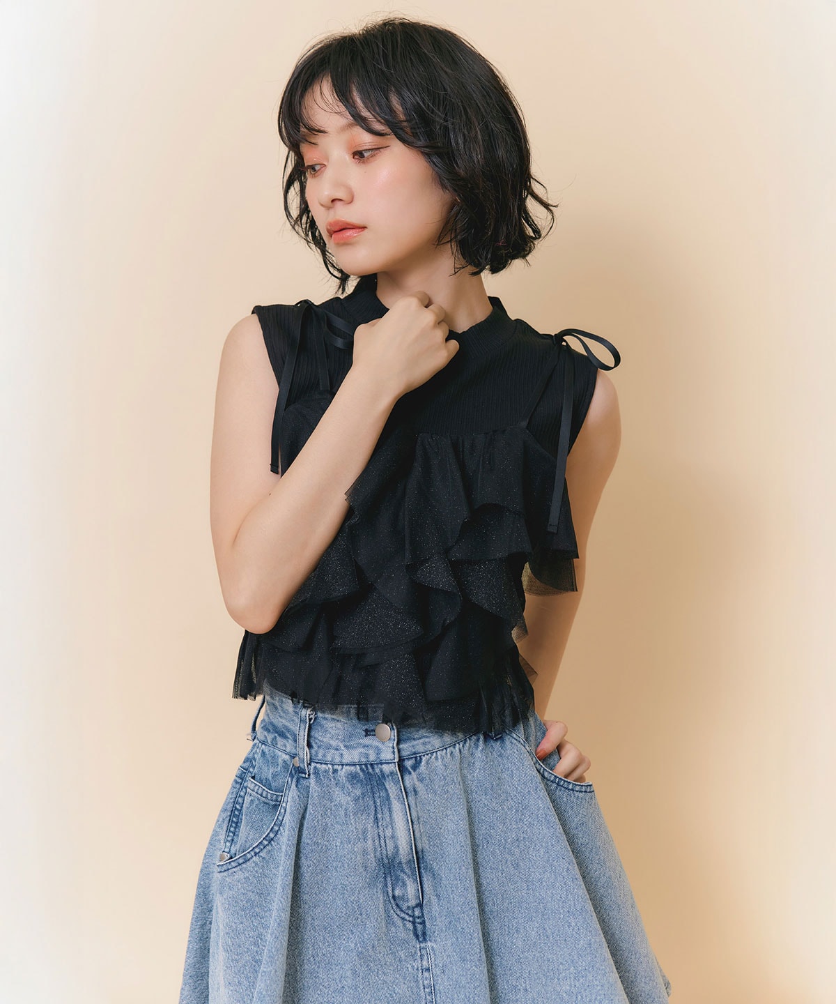 ショルダーリボンビスチェ×ノースリーブニット