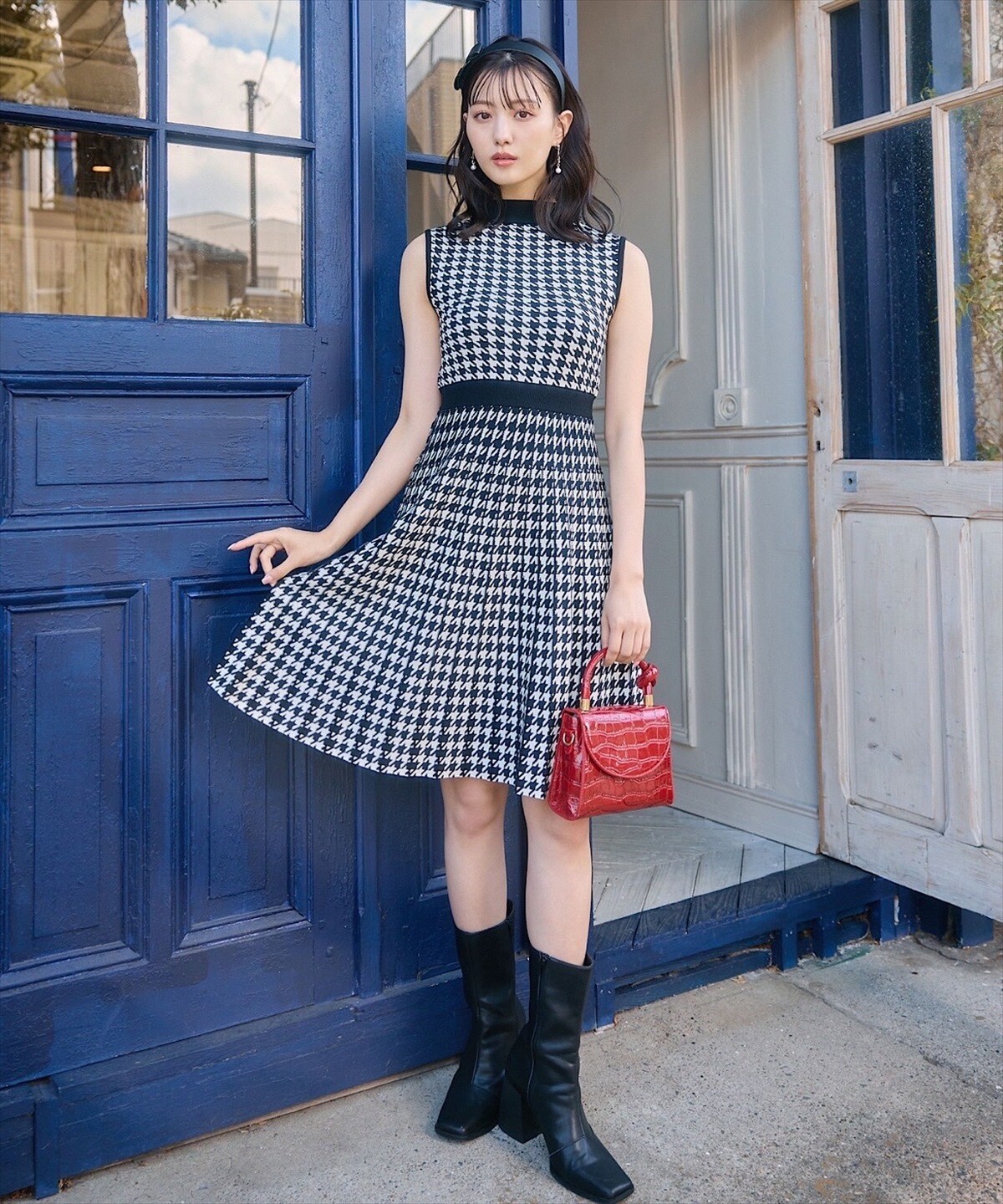 ボトルネック千鳥柄ノースリーブニットワンピース(F ボルドー  