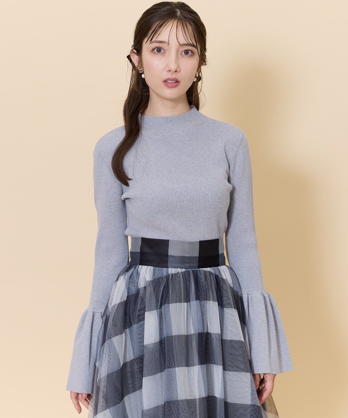 フレアスリーブボトルネックニットプルオーバー