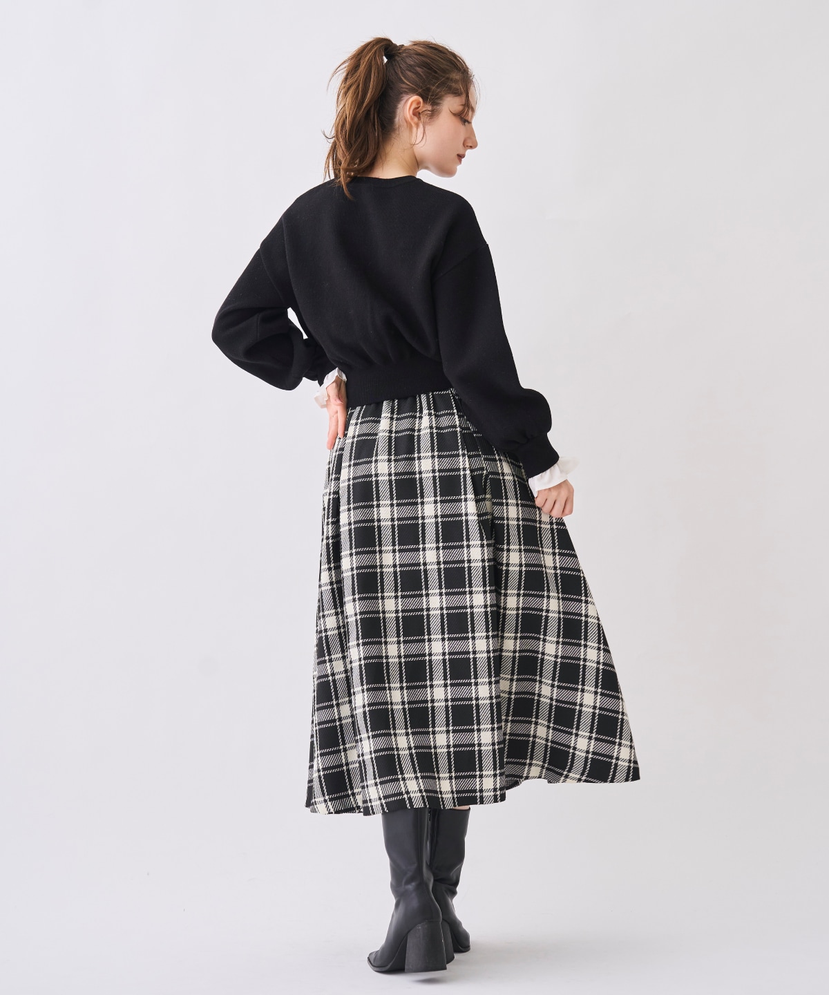 リボンベルト付きチェックフレアスカート