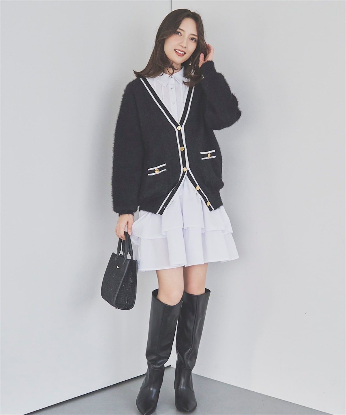 配色シャギーニットカーディガン