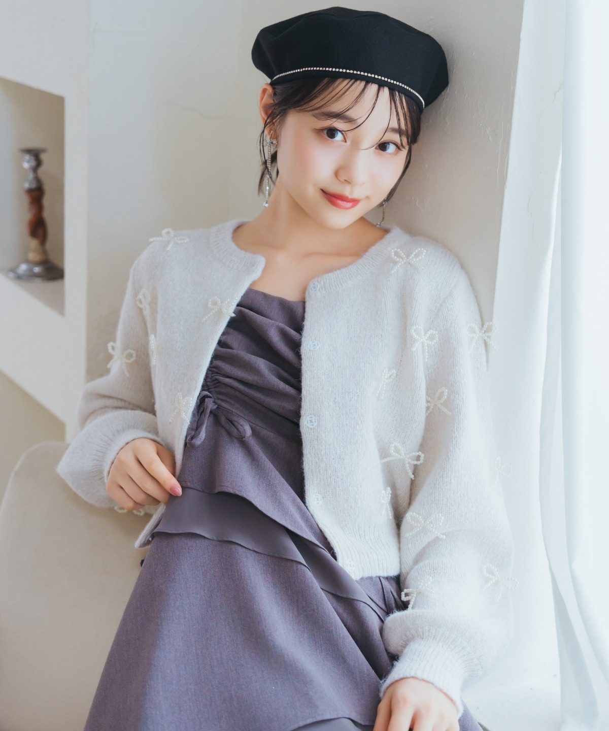 リボンパーツ付きカーディガン