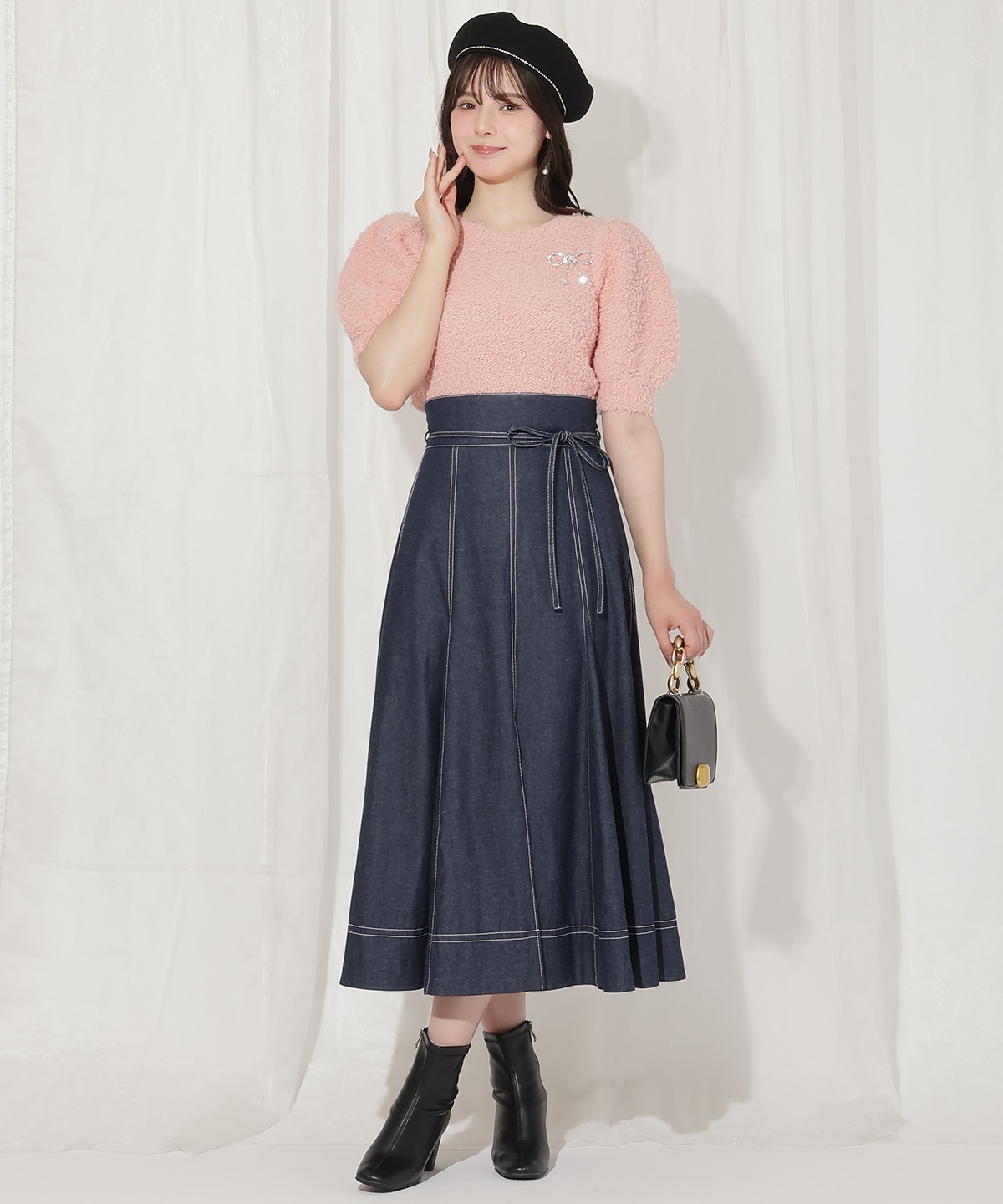 リボンブローチ付きテディヤーンニット