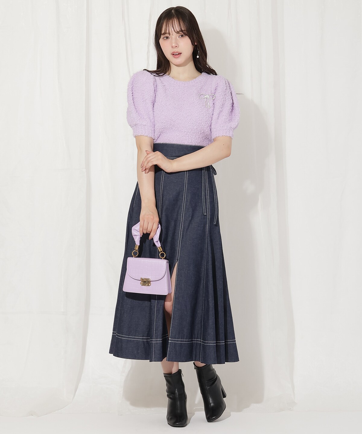 リボンブローチ付きテディヤーンニット