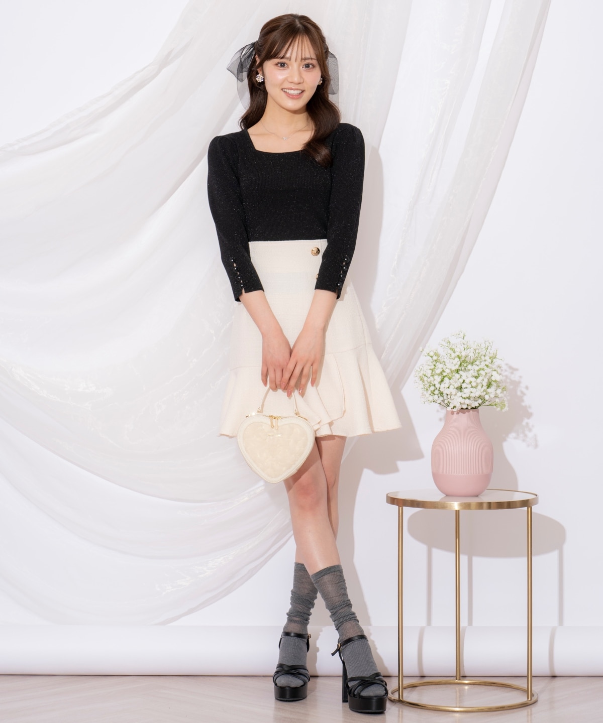 袖フラワーラメ7分袖ニットプルオーバー