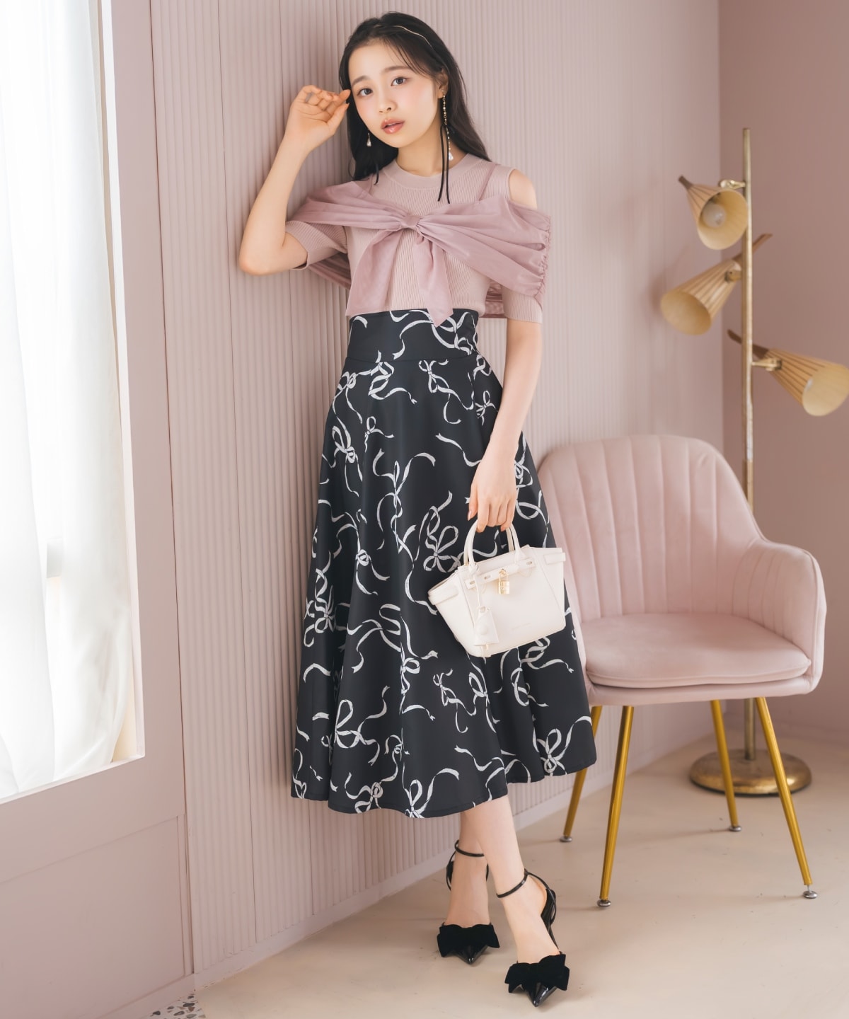 リボンプリントフレアスカート