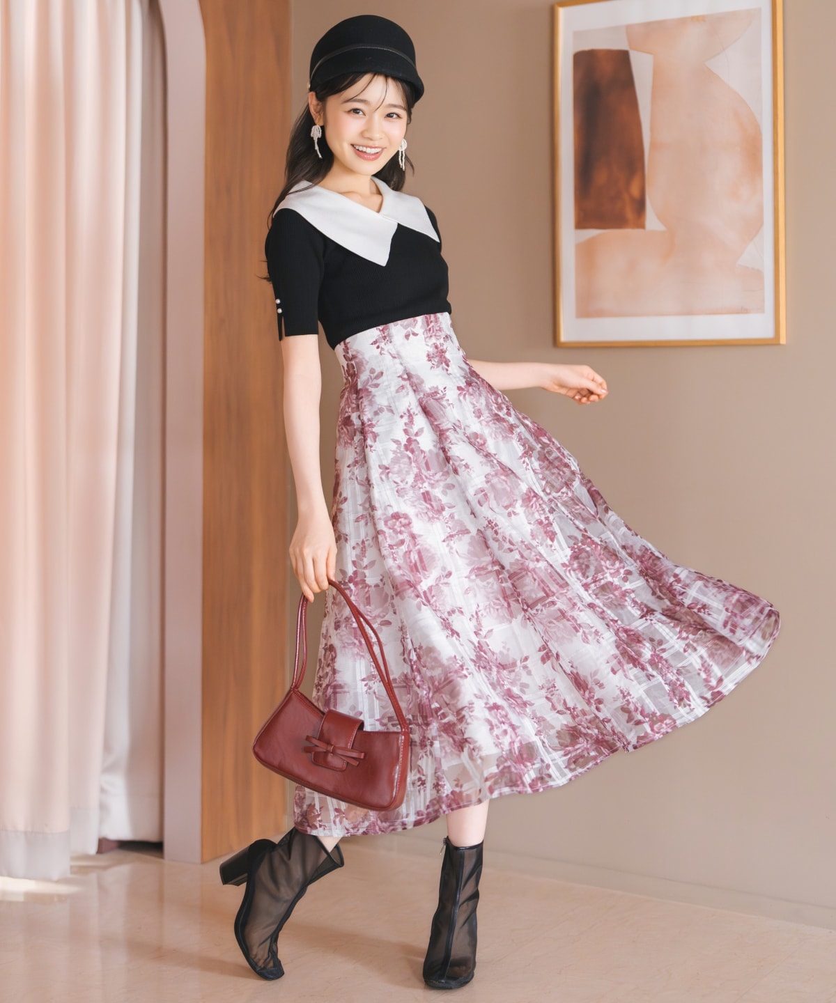 モノトーンフラワーオーガンジーフレアスカート