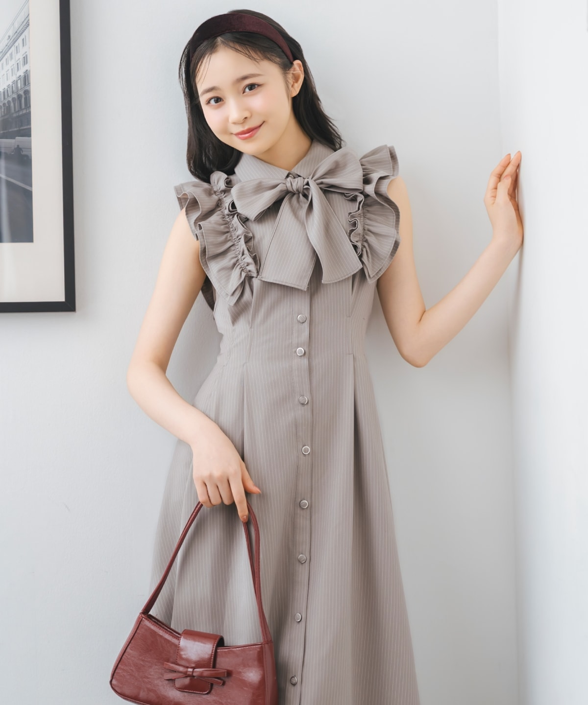 willselection ペタルフリルリボンタイシャツワンピース ピンク フリルスリーブリボンタイシャツワンピース(F ピンクストライプ