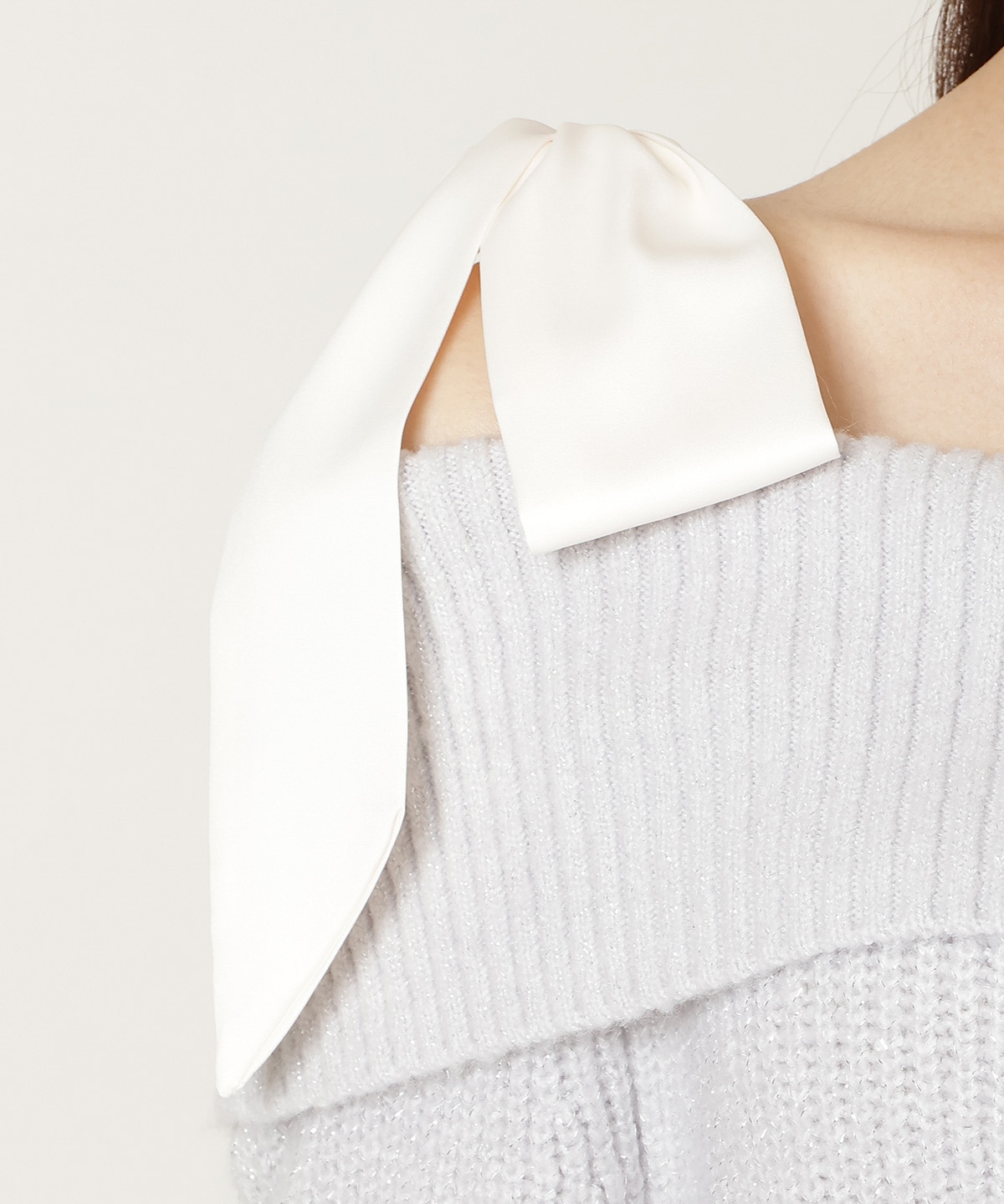 リボンショルダーオフショルニットワンピース