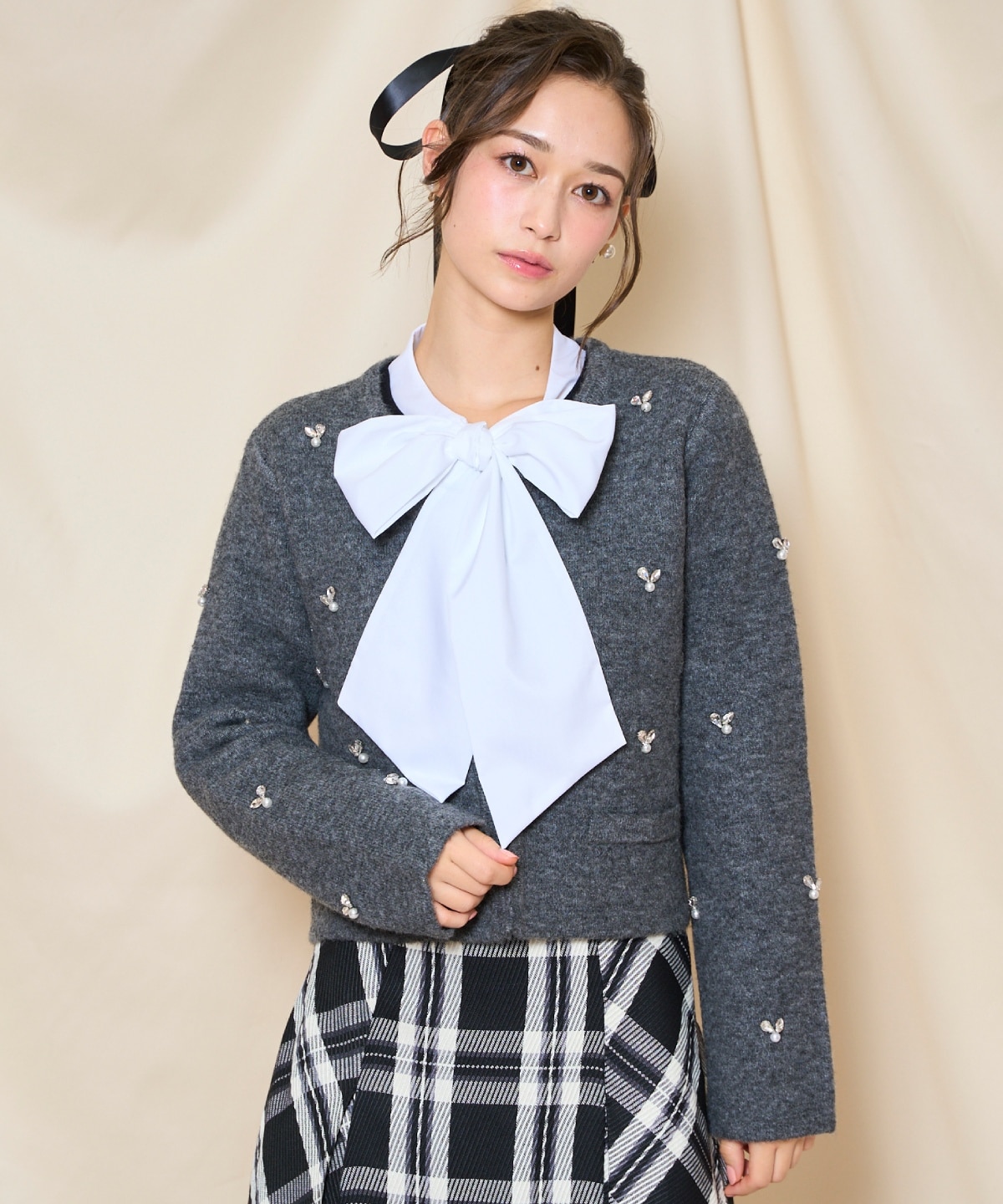 ノーカラービジューニットジャケット