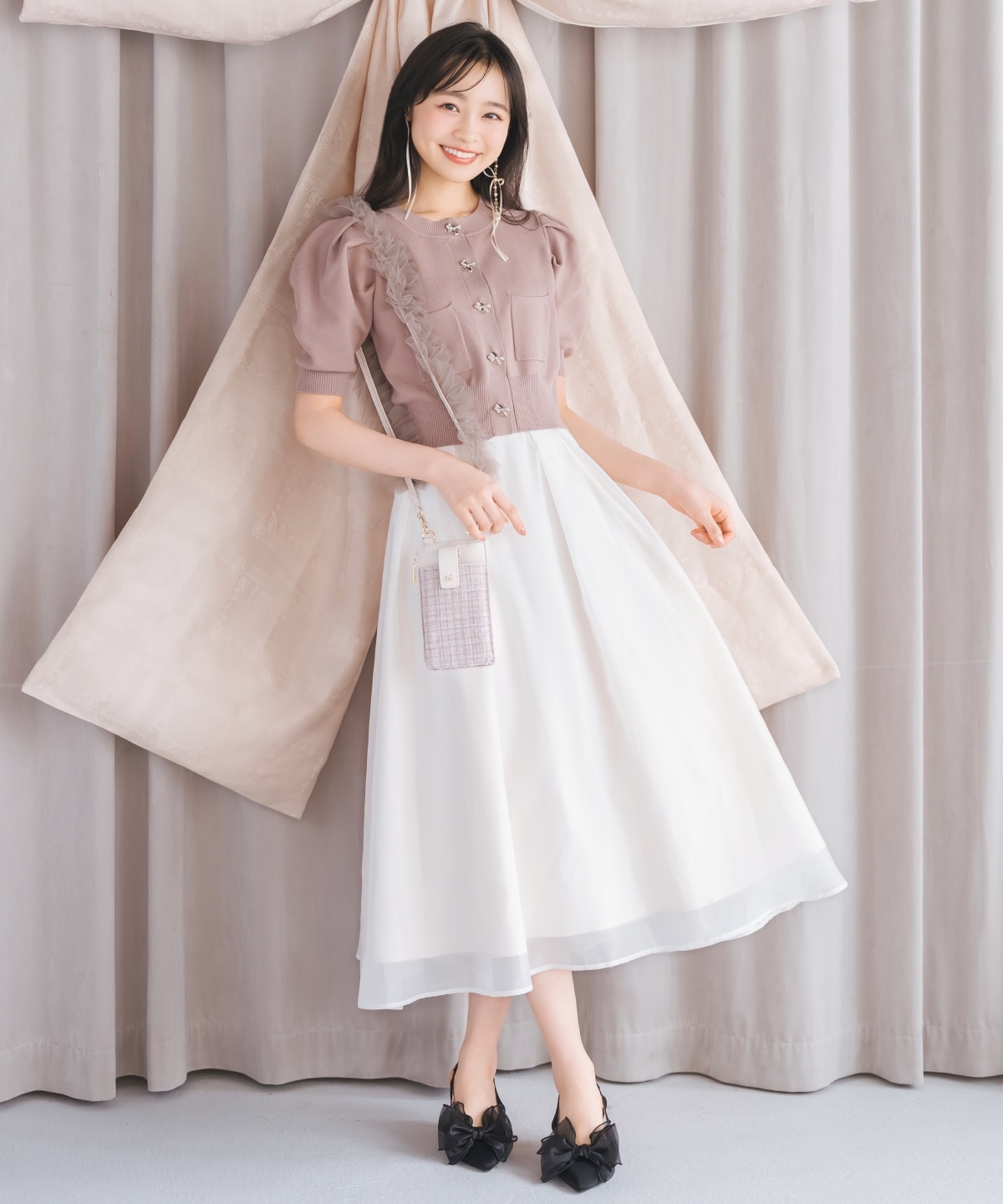 ビジューリボンタックスリーブカーディガン