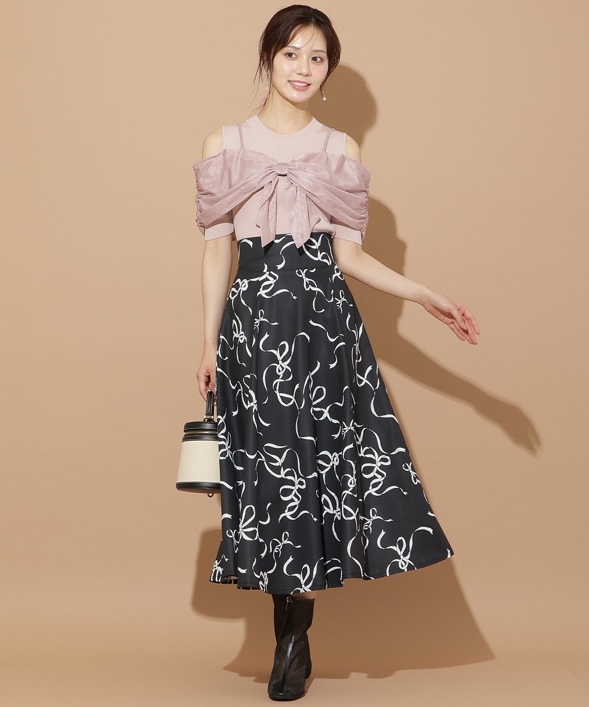 チュールオフショルリブニット