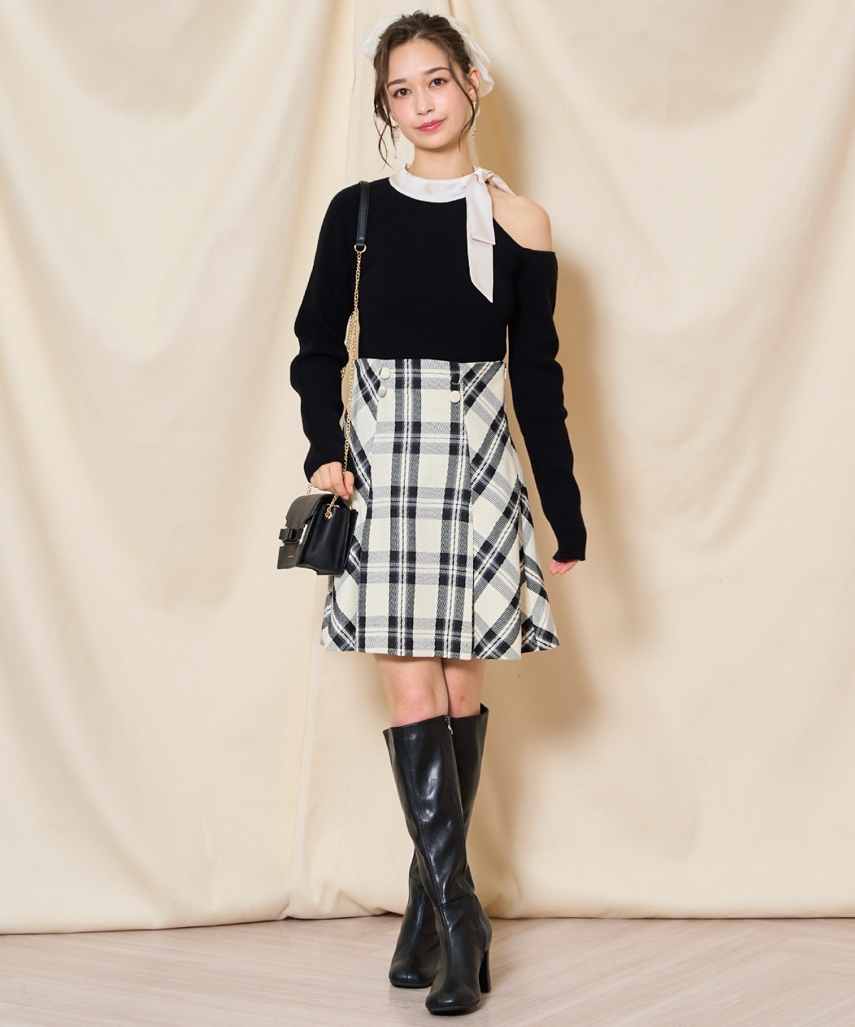 ワンショルリボンタイリブニット