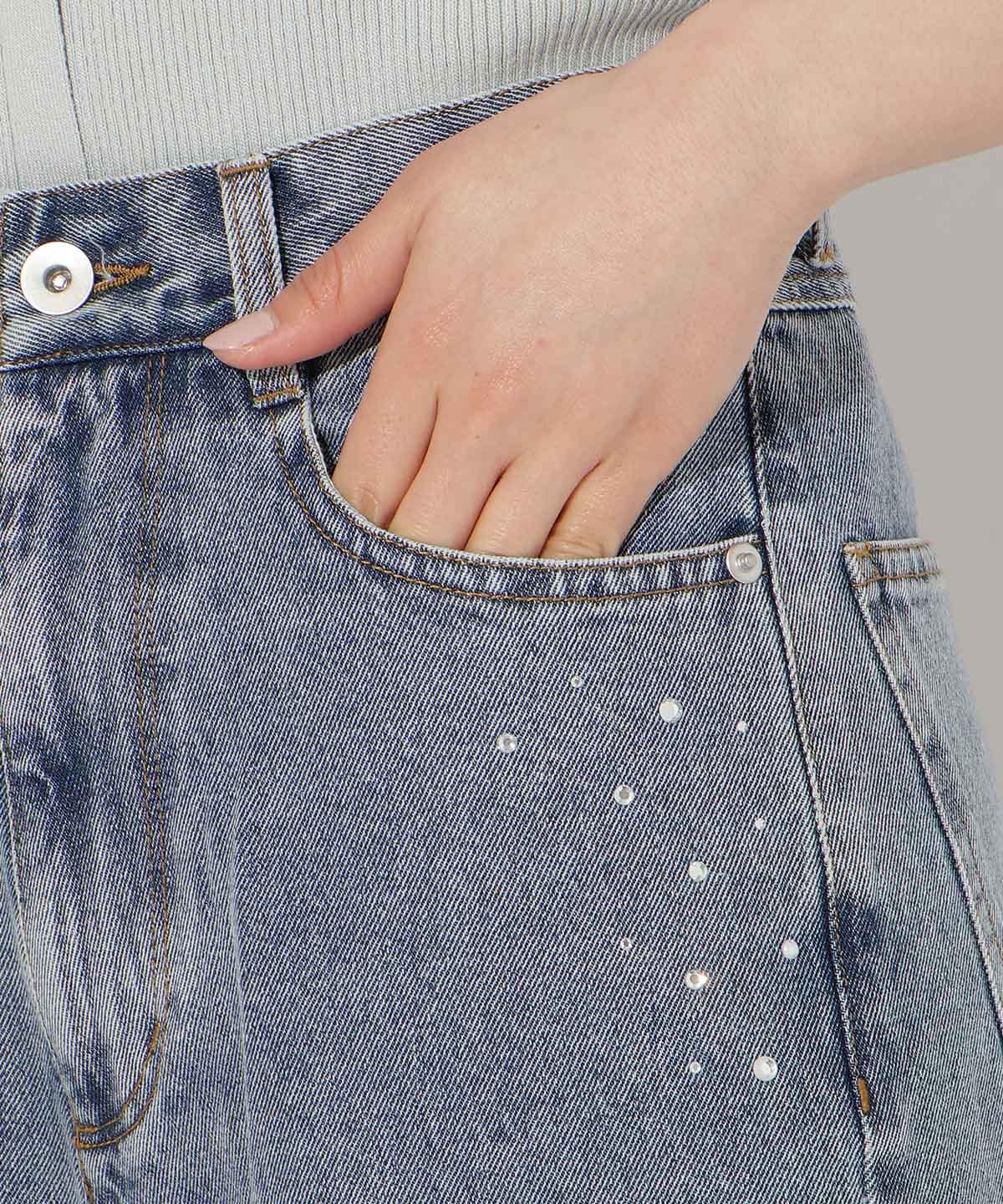 ビジューポケットワイドデニムパンツ