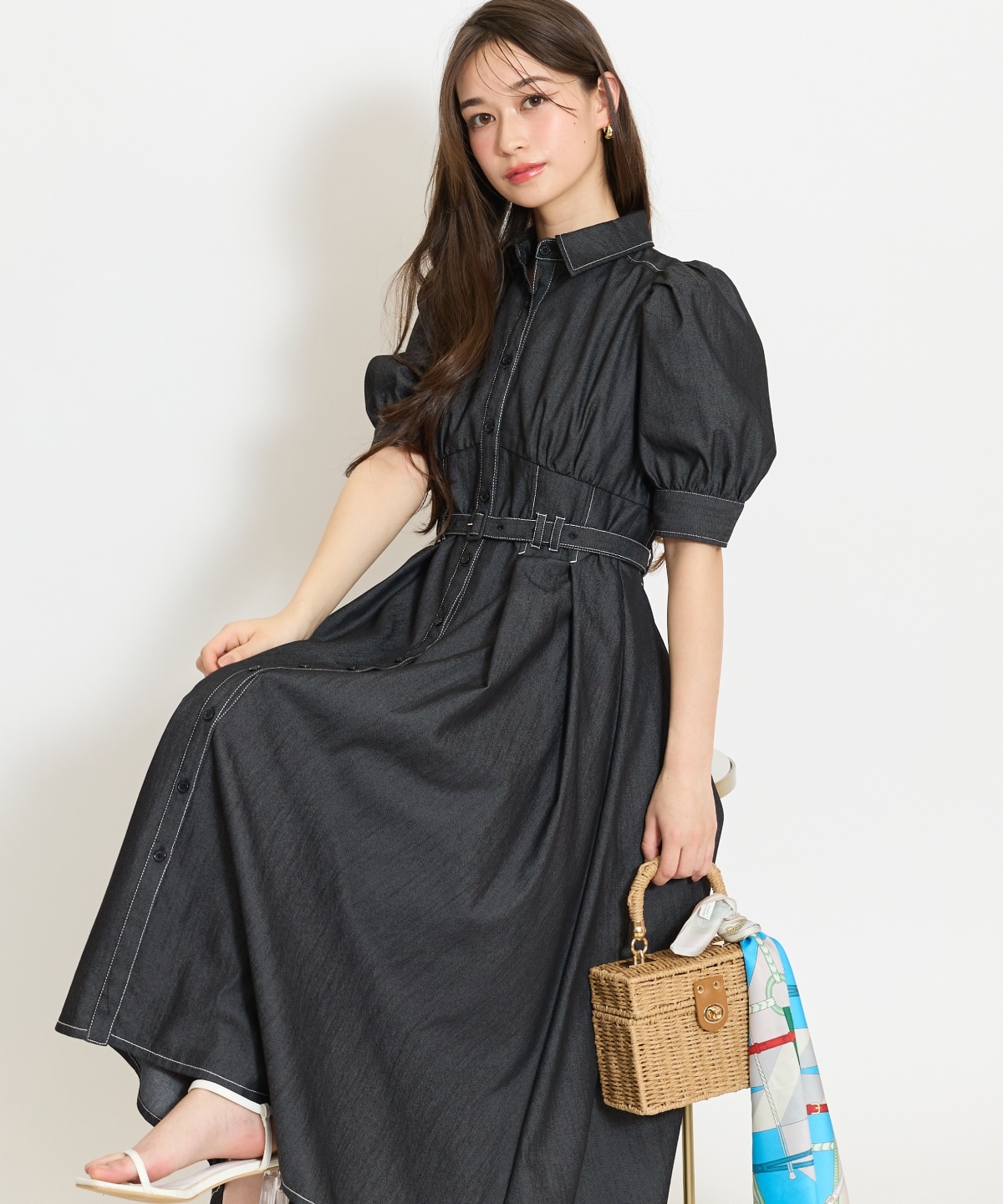 ベルト付きタックスリーブフレアワンピース