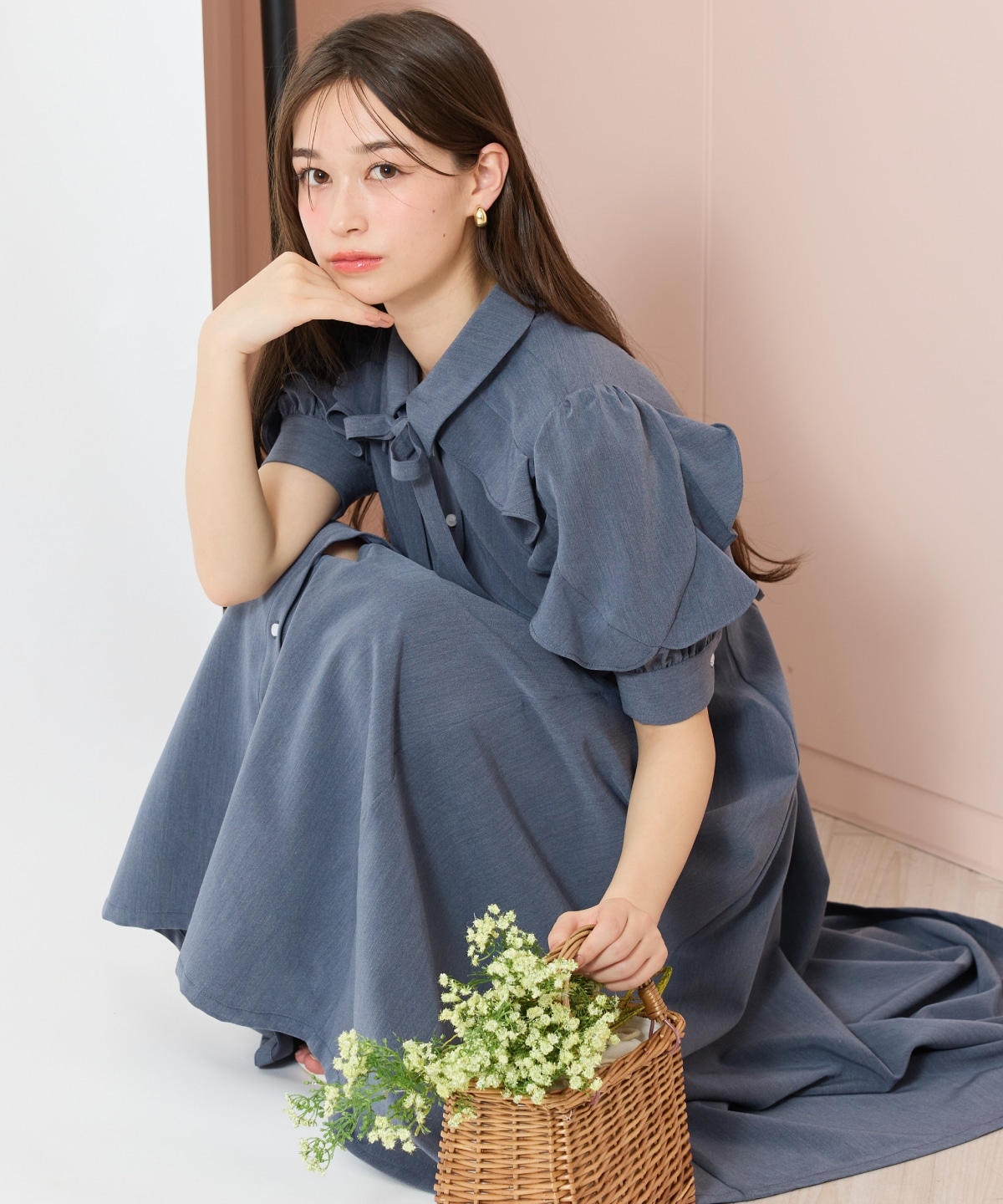 ラッフルパフスリーブシャツワンピース