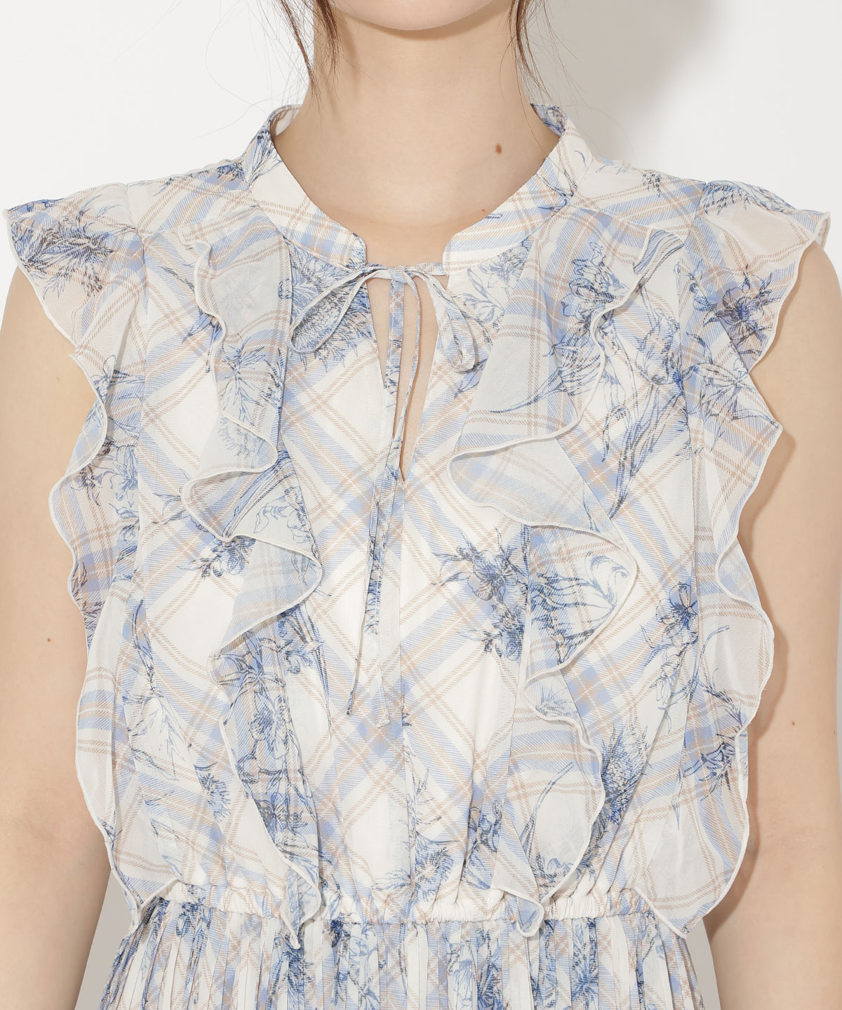 フラワーチェックプリントプリーツ切替ワンピース