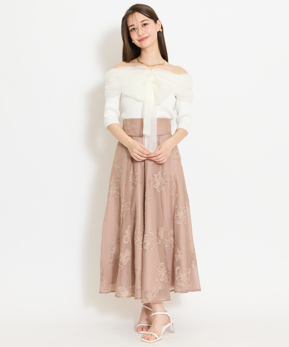 リボンチュールレイヤードリブニット