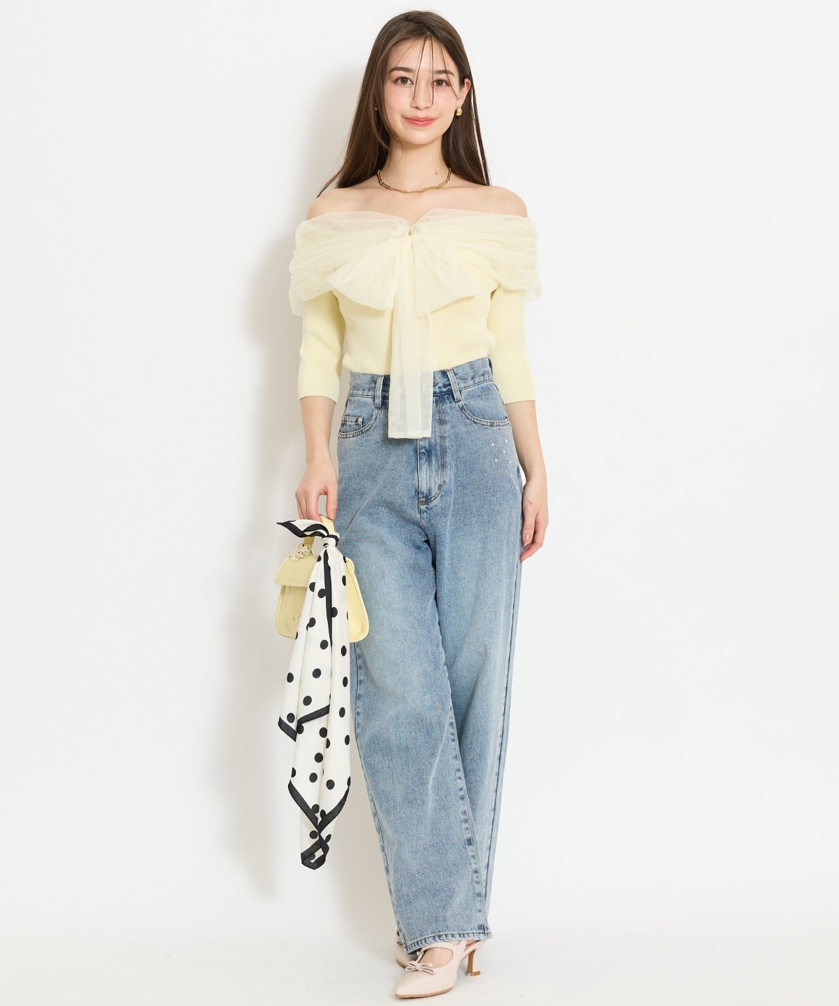 リボンチュールレイヤードリブニット