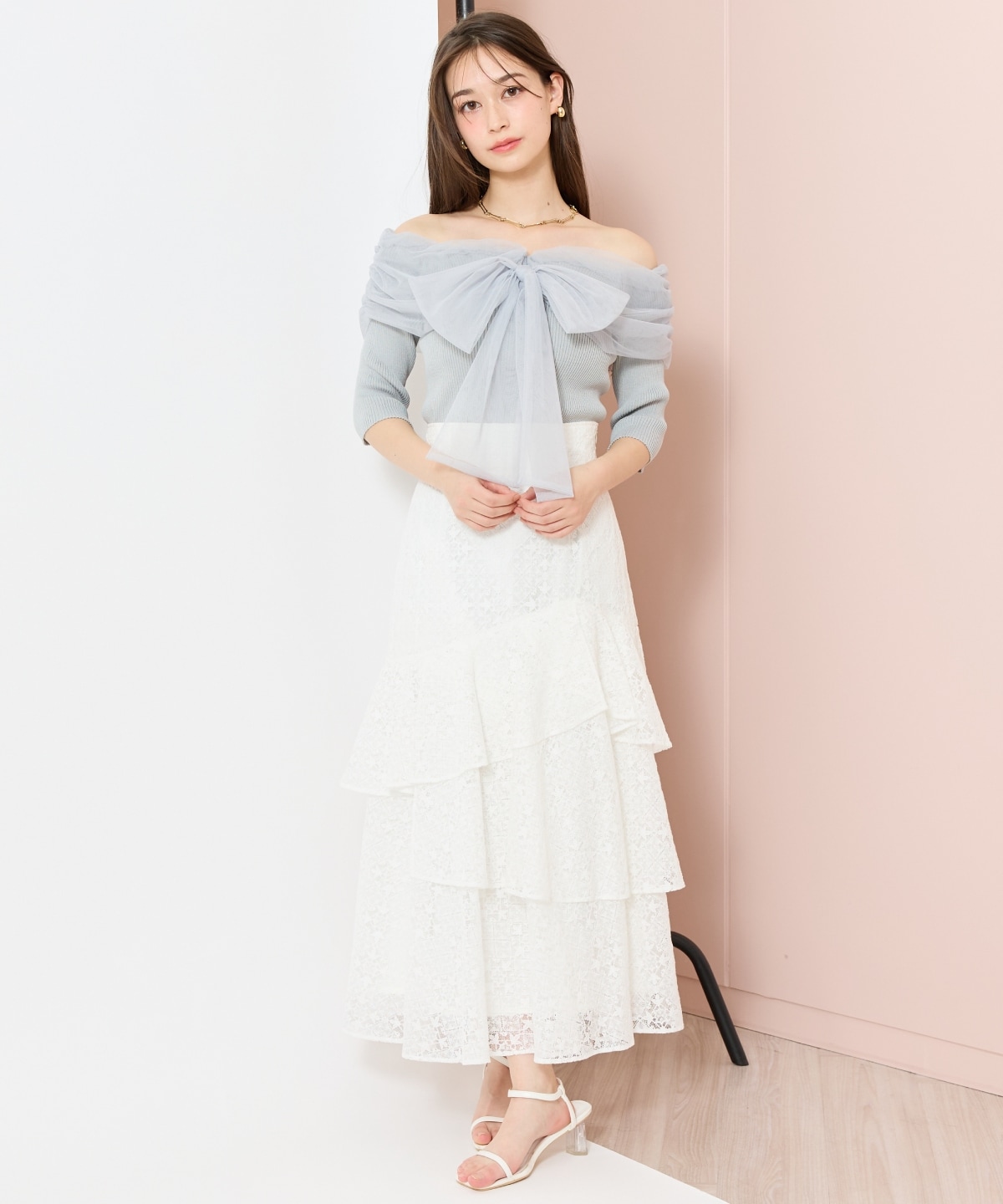 リボンチュールレイヤードリブニット